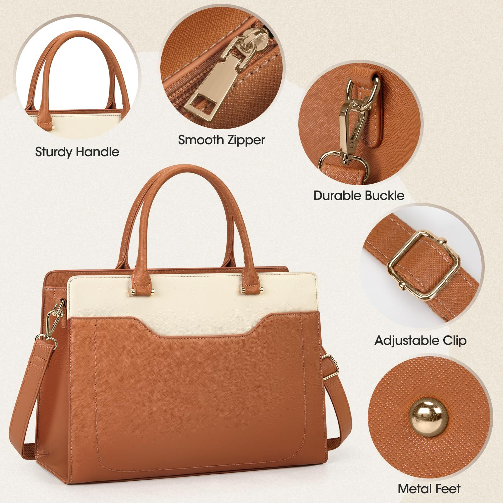 Laptop Bag For Women 15.6 Inch Laptop Tote Bag Waterproof Leather Work Bag Lightweight Laptop Briefcase Professional Women Business Office Bag Travel Handbag Shoulder Bag, Brown And White
