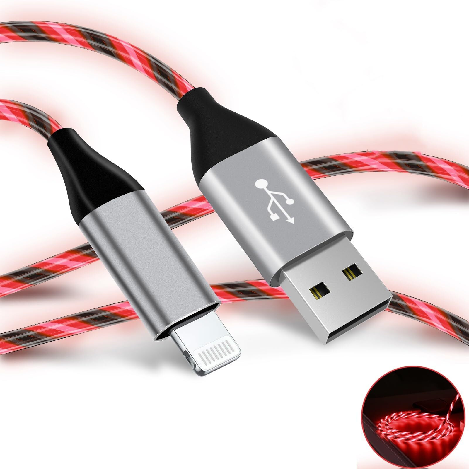 Light Up Iphone Charger Cable Led Iphone Charger Cord Apple Mfi Certified Cool Usb Fast Charging For Iphone 14 13 12 11 Pro Max Xr X Se 8 Plus Ipad Ipod Touch More (Red)