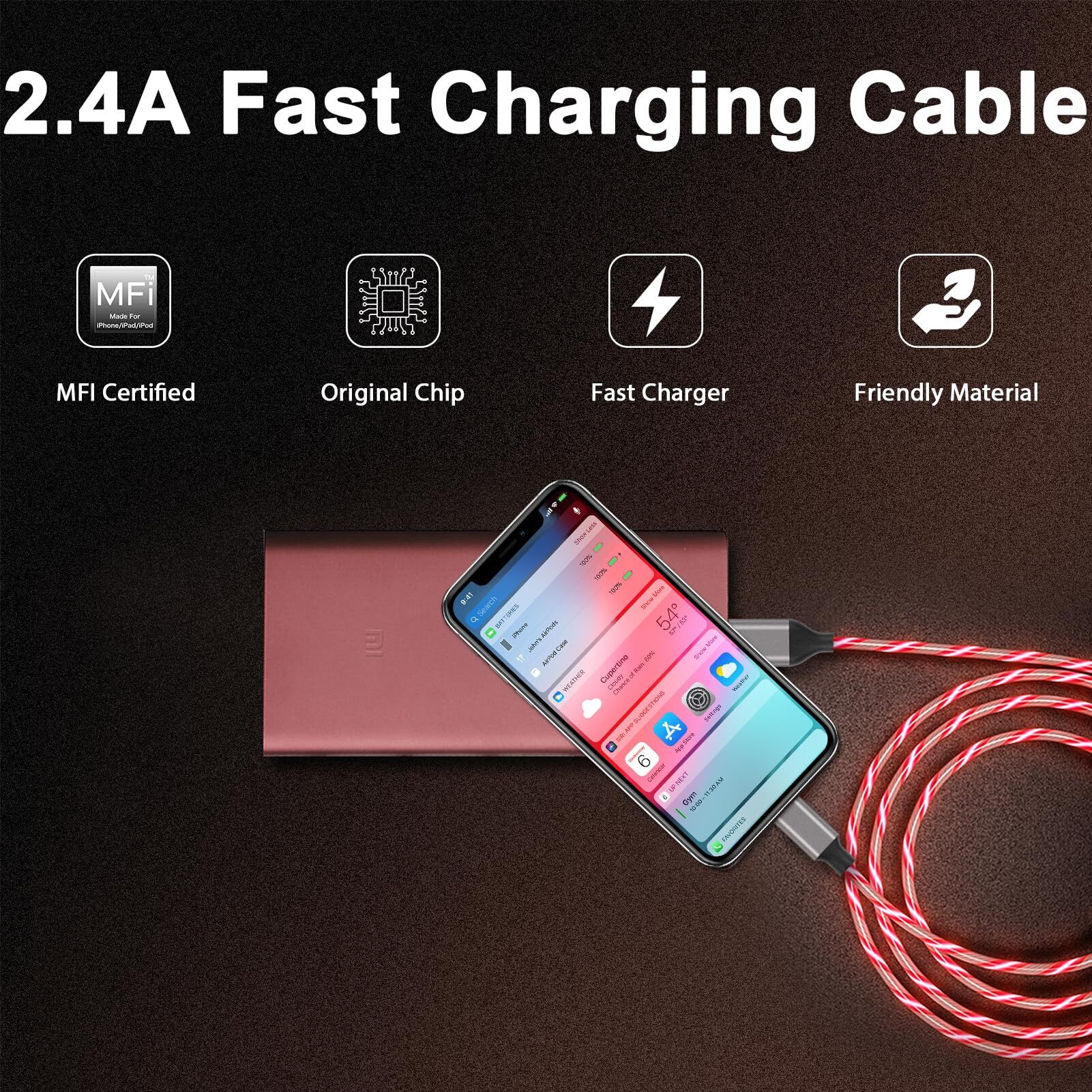 Light Up Iphone Charger Cable Led Iphone Charger Cord Apple Mfi Certified Cool Usb Fast Charging For Iphone 14 13 12 11 Pro Max Xr X Se 8 Plus Ipad Ipod Touch More (Red)