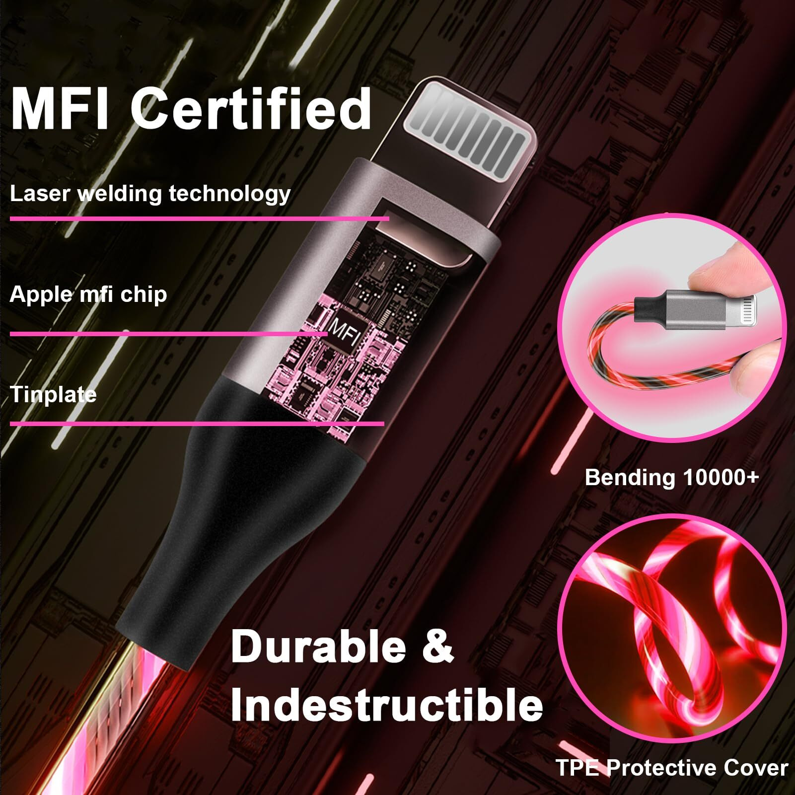 Light Up Iphone Charger Cable Led Iphone Charger Cord Apple Mfi Certified Cool Usb Fast Charging For Iphone 14 13 12 11 Pro Max Xr X Se 8 Plus Ipad Ipod Touch More (Red)