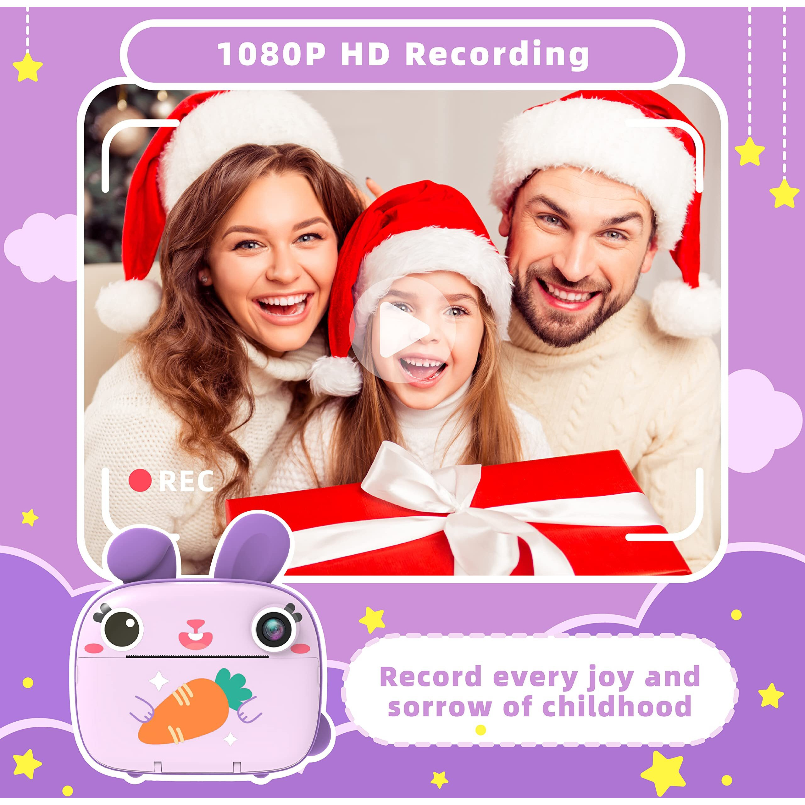 Camclid Instant Camera For Kids, 2.5K Kids Camera Instant Print With No Ink Print Paper & 32G Card,Selfie Digital Camera & 1080P Video Camera, Toy Gift For Girls Boys 3-12 (Purple)