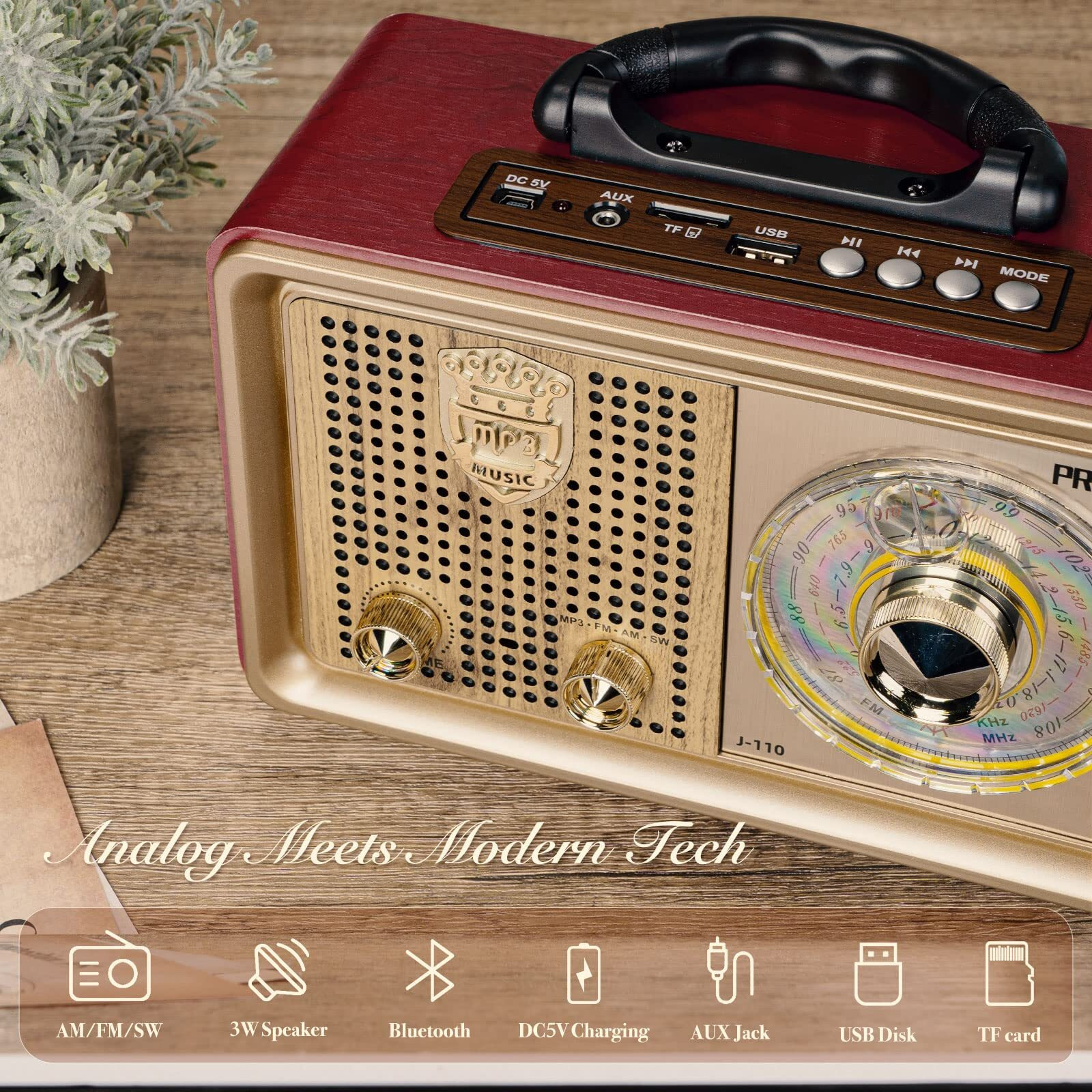 Prunus J-110 Retro Portable Radio Am Fm Shortwave Radio Transistor Battery Operated Vintage Radio With Bluetooth Speaker,3-Way/Ac Power Sources,Aux Tf Card Usb Playing For Home/Outdoor/Gift