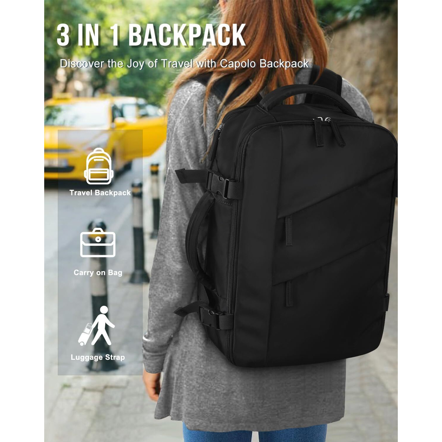 Capolo Travel Backpack For Women Men Waterproof Laptop Backpack Flight Approved Carry On Backpack Overnight Weekender Bag College Bookbag For Business, Work, Traveling Fits 17 '' Laptop,Black