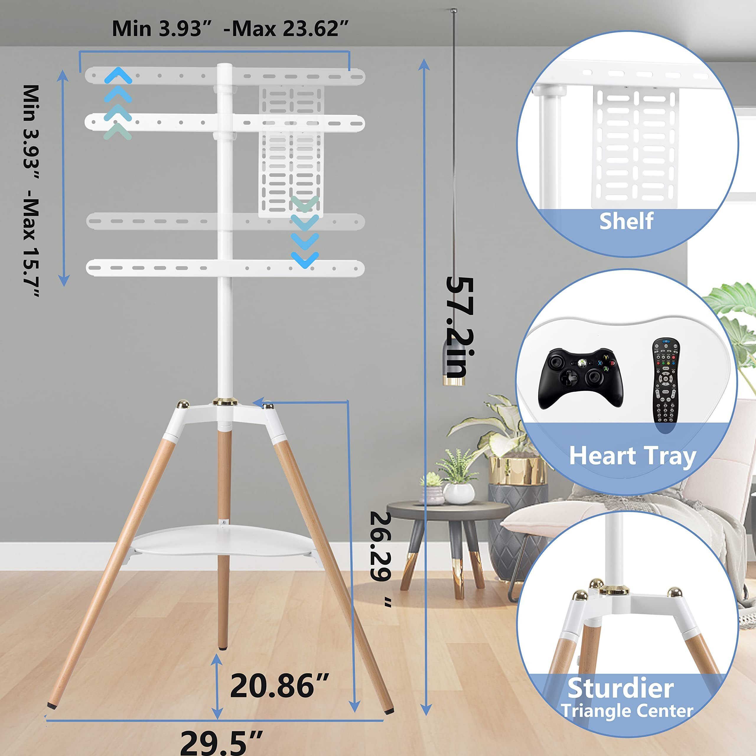 Fydeamer Universal Tripod Easel Tv Stand For 32-65 Inch Led Lcd Screen Flat Curved Screen, Height Adjustable Studio Tv Display Stand With 140 Swivel For Bedroom, Living Room, Corner Tv Stand (White)