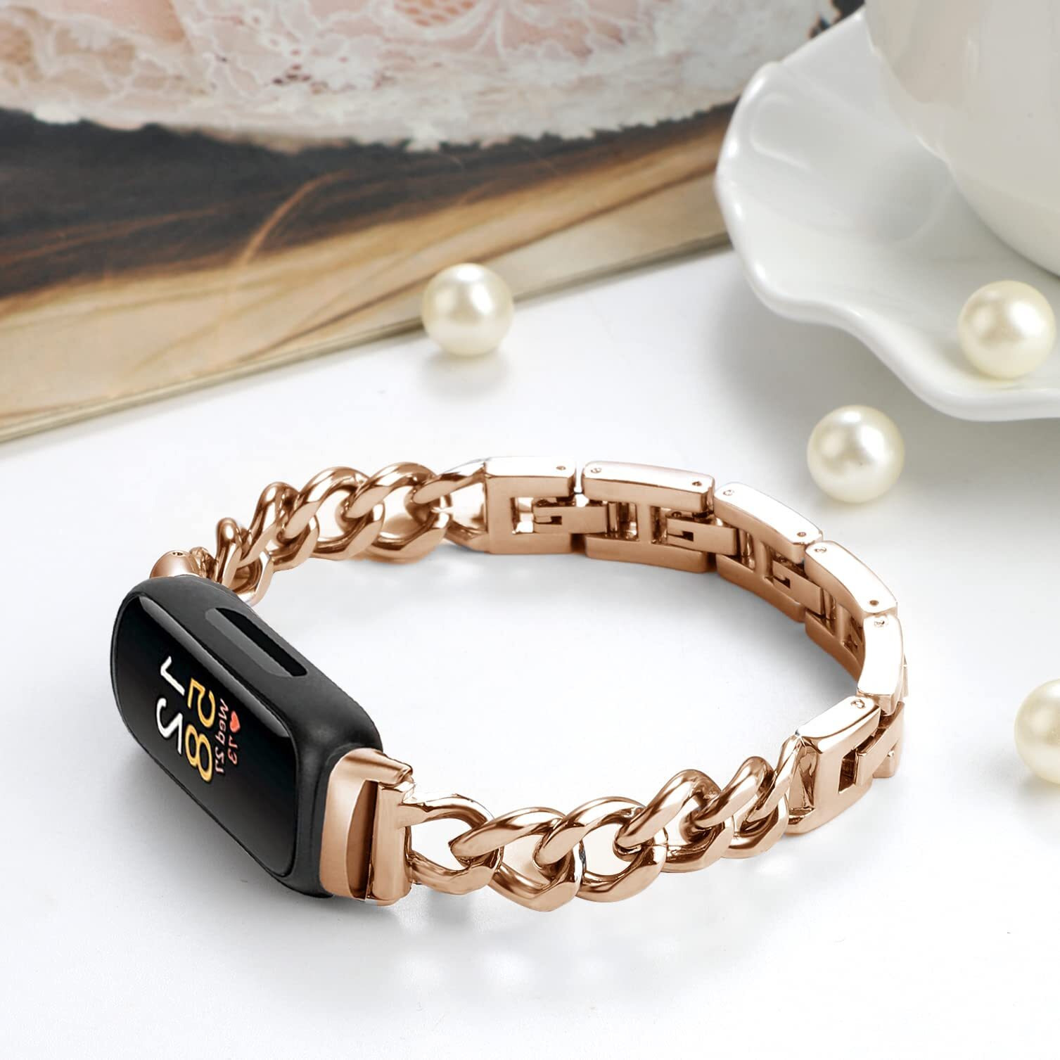 Cool Bands For Fitbit Inspire 3 Bands Women, Stainless Steel Metal Adjustable Wristband Replacement Straps Compatible With Fitbit Inspire 3 Fitness Tracker (Rose Gold)