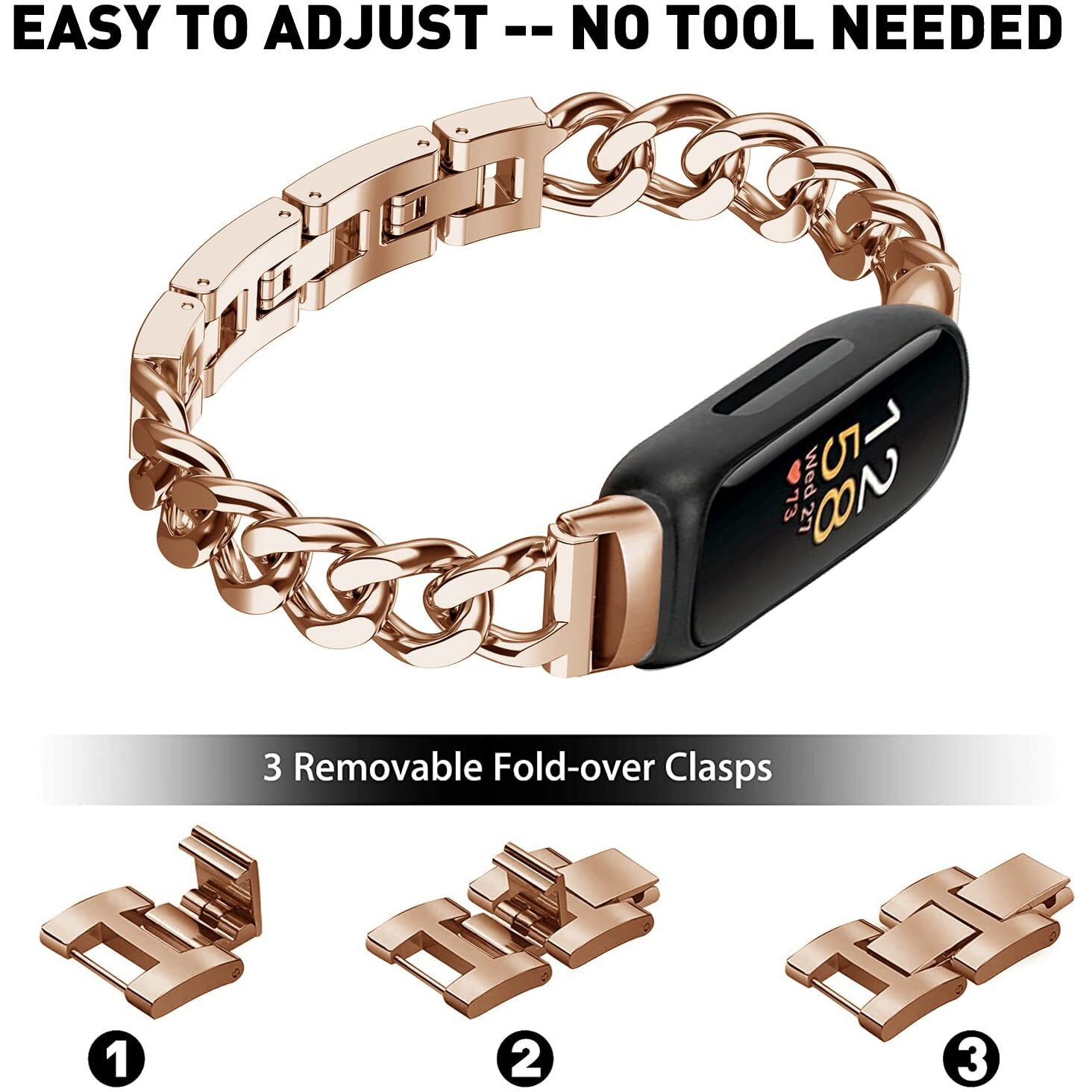 Cool Bands For Fitbit Inspire 3 Bands Women, Stainless Steel Metal Adjustable Wristband Replacement Straps Compatible With Fitbit Inspire 3 Fitness Tracker (Rose Gold)