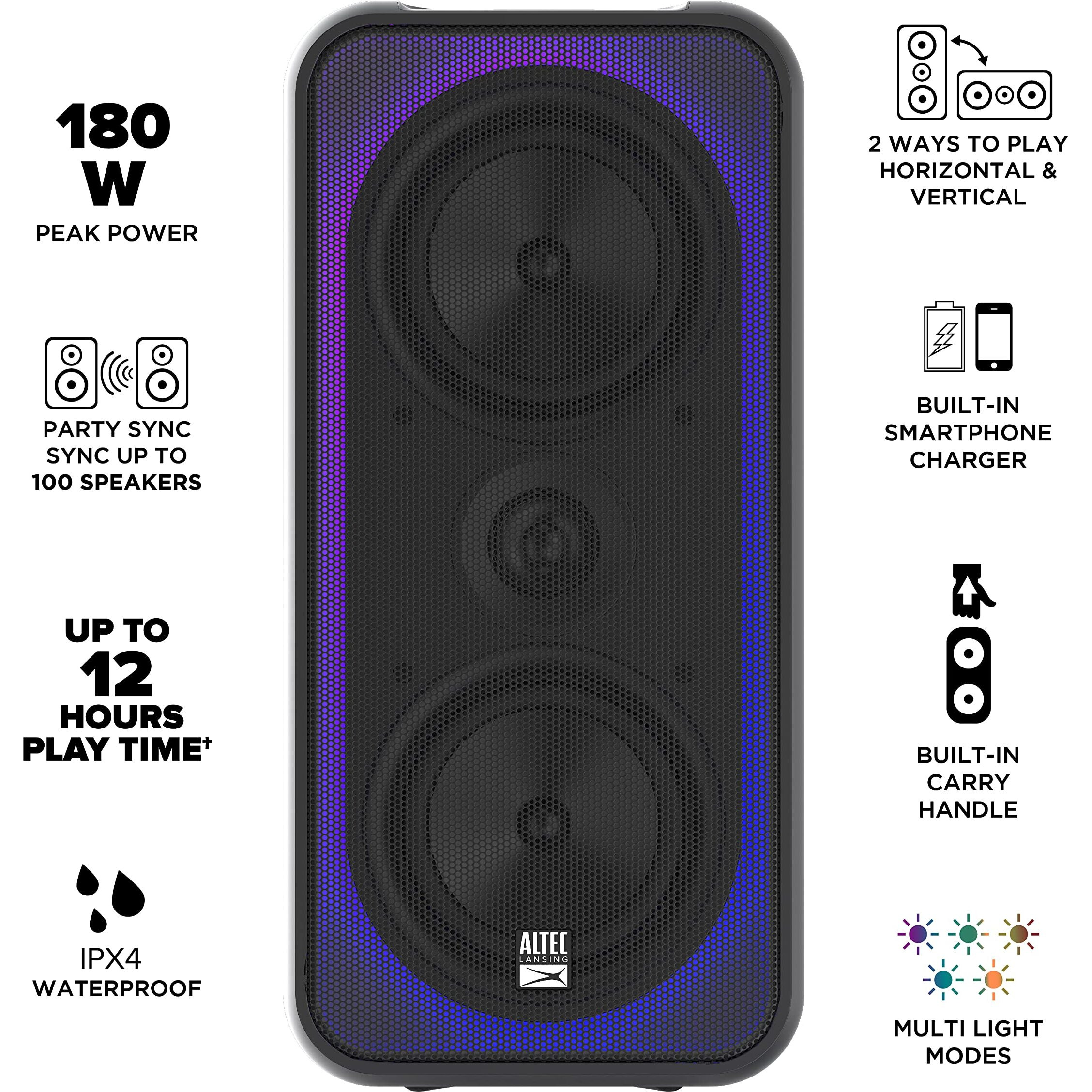 Altec Lansing Shockwave 200 Wireless Party Speaker 180W Bluetooth Speaker With A Long Lasting 12 Hour Battery, Multi Led Party Modes, Multiple Bass Boost Modes, Party Sync, Am/Fm Radio