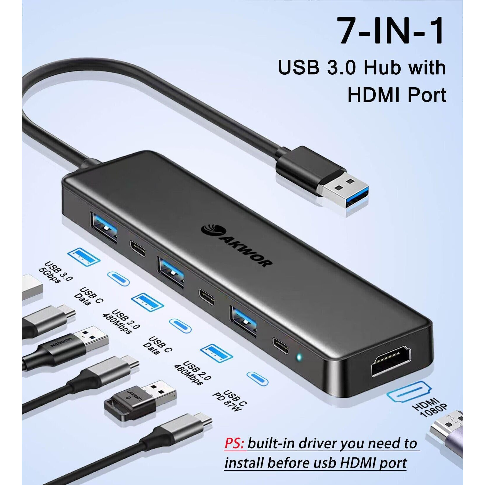 Usb 3.0 To Hdmi Adapter, Usb 3.0 Hub With Hdmi 1080P, Usb 3.0, Usb 2.0, Usb C Data & Power Ports, Usb Docking Station Extender For Monitor, Pc, Laptop, Desktop Support Windows 7/8/10/11 & Mac Os