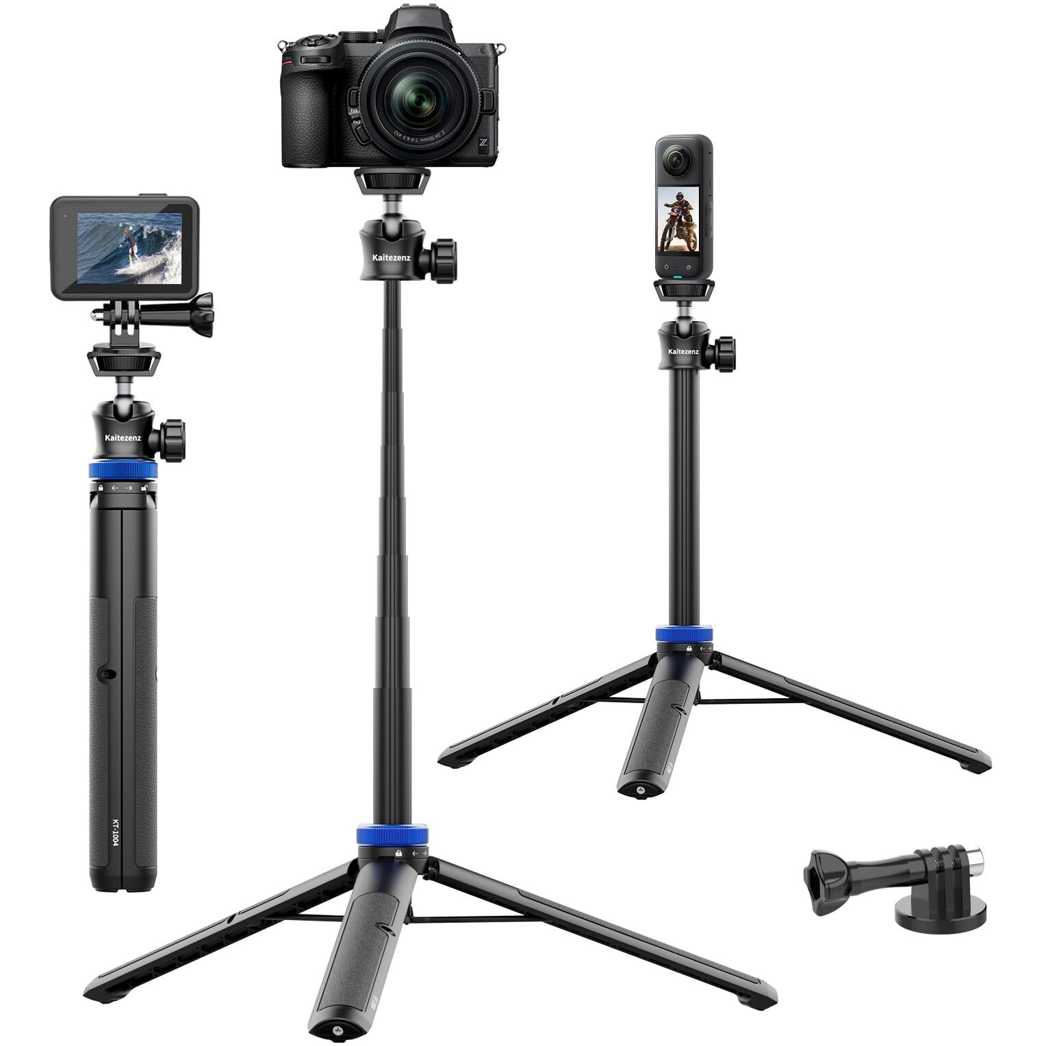 Kaitezenz Selfie Stick Tripod For Gopro Camera, 62"" Extendable Tripod Stand With 360 Ball Head 1/4"" Screw, Portable Lightweight Camera Tripod For Gopro Max Hero 11 10 9 8 7 6 5 Dji Osmo Action Camera