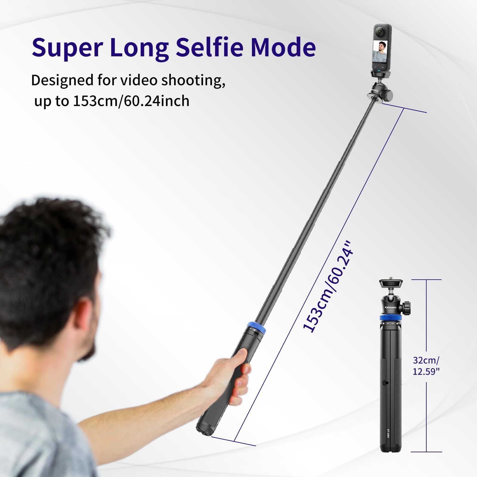 Kaitezenz Selfie Stick Tripod For Gopro Camera, 62"" Extendable Tripod Stand With 360 Ball Head 1/4"" Screw, Portable Lightweight Camera Tripod For Gopro Max Hero 11 10 9 8 7 6 5 Dji Osmo Action Camera