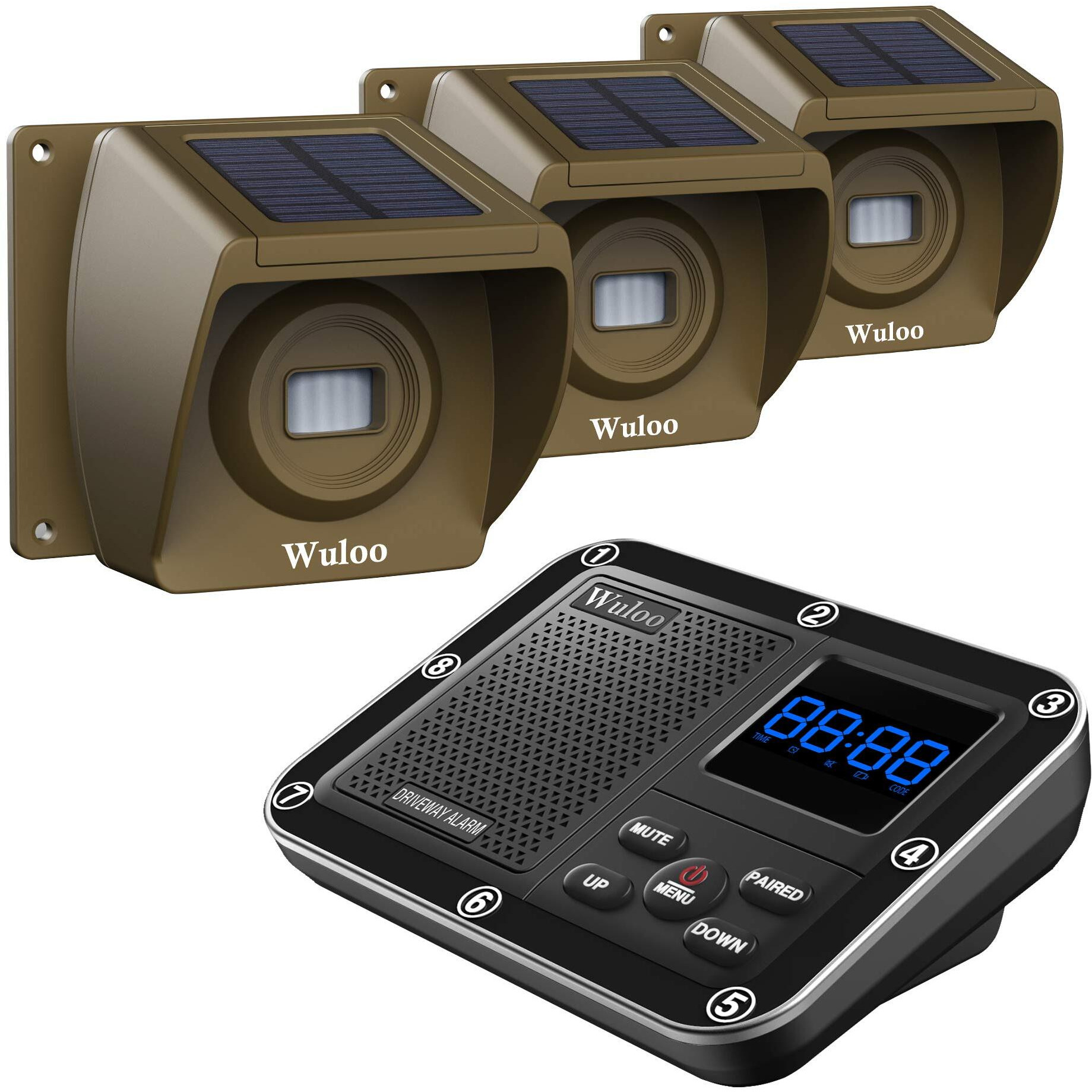 Solar Driveway Alarm Wireless Outside 1800Ft Range, Outdoor Motion Sensor & Detector Driveway Alert System With Rechargeable Battery/Weatherproof/Mute Mode(1&3-Brown)