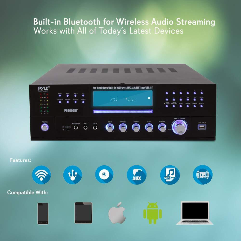 Home Theater Bluetooth Amplifier Receiver - 4 Channel 3000 Watt Stereo Speaker Home Audio Amplifier Receiver W/Radio, Usb, 2 Microphone W/Echo, Cd Dvd Player, Lcd, Rack Mount - Pyle Pd3000Bt.5