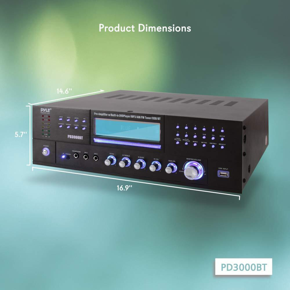 Home Theater Bluetooth Amplifier Receiver - 4 Channel 3000 Watt Stereo Speaker Home Audio Amplifier Receiver W/Radio, Usb, 2 Microphone W/Echo, Cd Dvd Player, Lcd, Rack Mount - Pyle Pd3000Bt.5