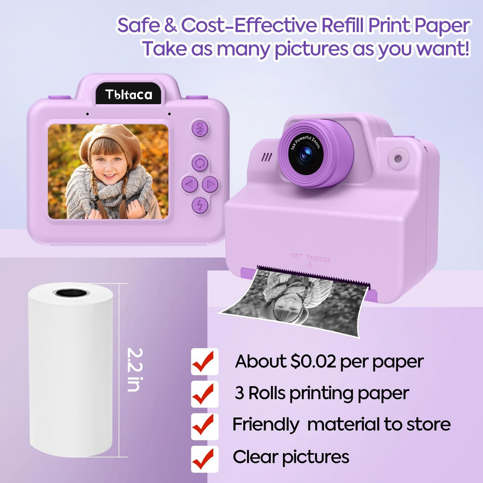 Instant Print Camera For Kids, Toddler Kids Camera Instant Print For 3 4 5 6 7 8 9 10 Years Old Girl Christmas Birthday Gifts, Portable Kid Children Digital Travel Camera Toys For Girls Age 3-12