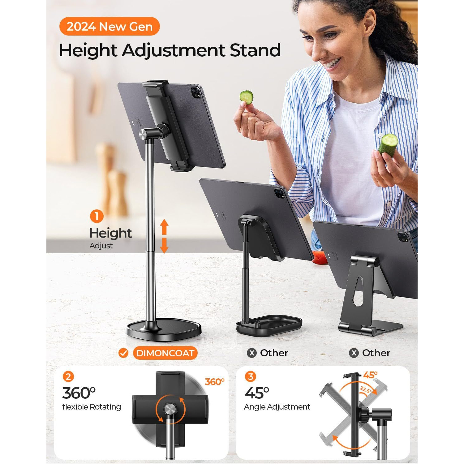 Height Adjustable Tablet Stand For Desk, Tablet Holder 360 Rotation Desktop Tablet Accessories For 4.7-15.6"" Tablet Like Ipad Pro 13, 11, 9.7, 10.5, Air Mini 2 3 4, Kindle, Monitor, Nexus, E-Reader