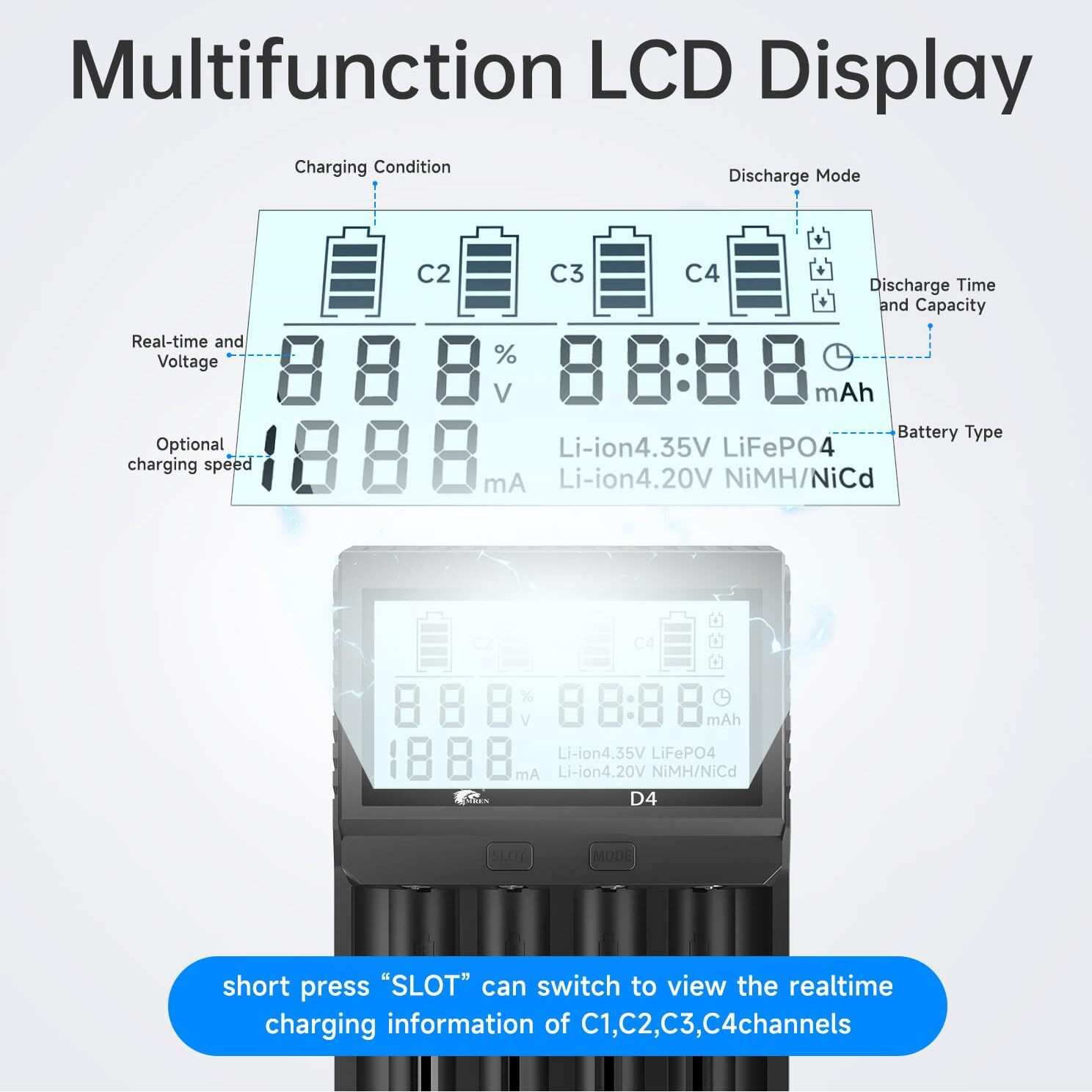 Imren 18650 Capacity Tester,18650 Battery Charger With Discharge & Testing Function, 21700 Battery Charger With Lcd Screen Display Capacity Suit For 18650 21700 20700 1.2V Ni-Mh/Ni-Cd Lifepo4 Battery