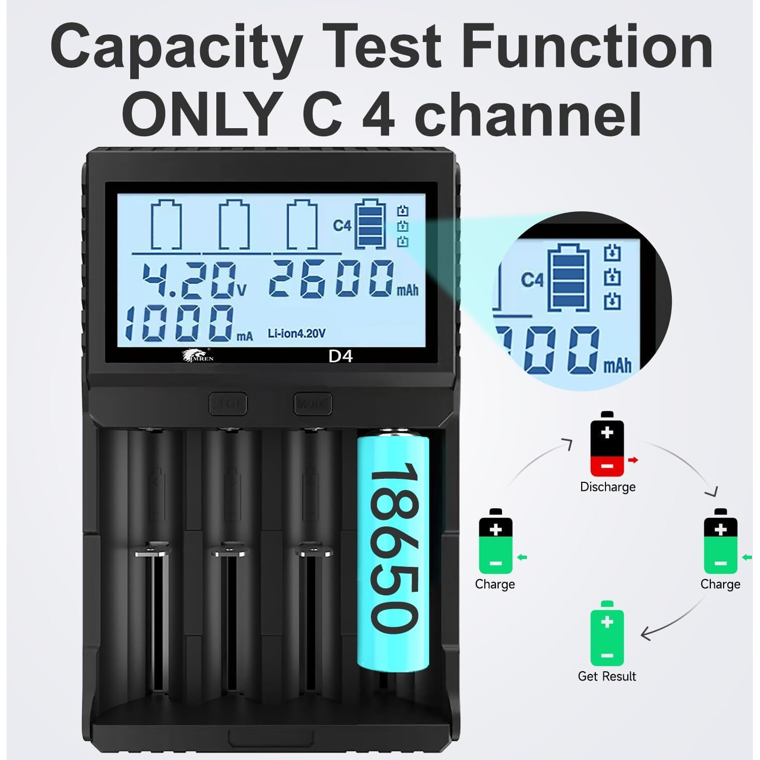 Imren 18650 Capacity Tester,18650 Battery Charger With Discharge & Testing Function, 21700 Battery Charger With Lcd Screen Display Capacity Suit For 18650 21700 20700 1.2V Ni-Mh/Ni-Cd Lifepo4 Battery