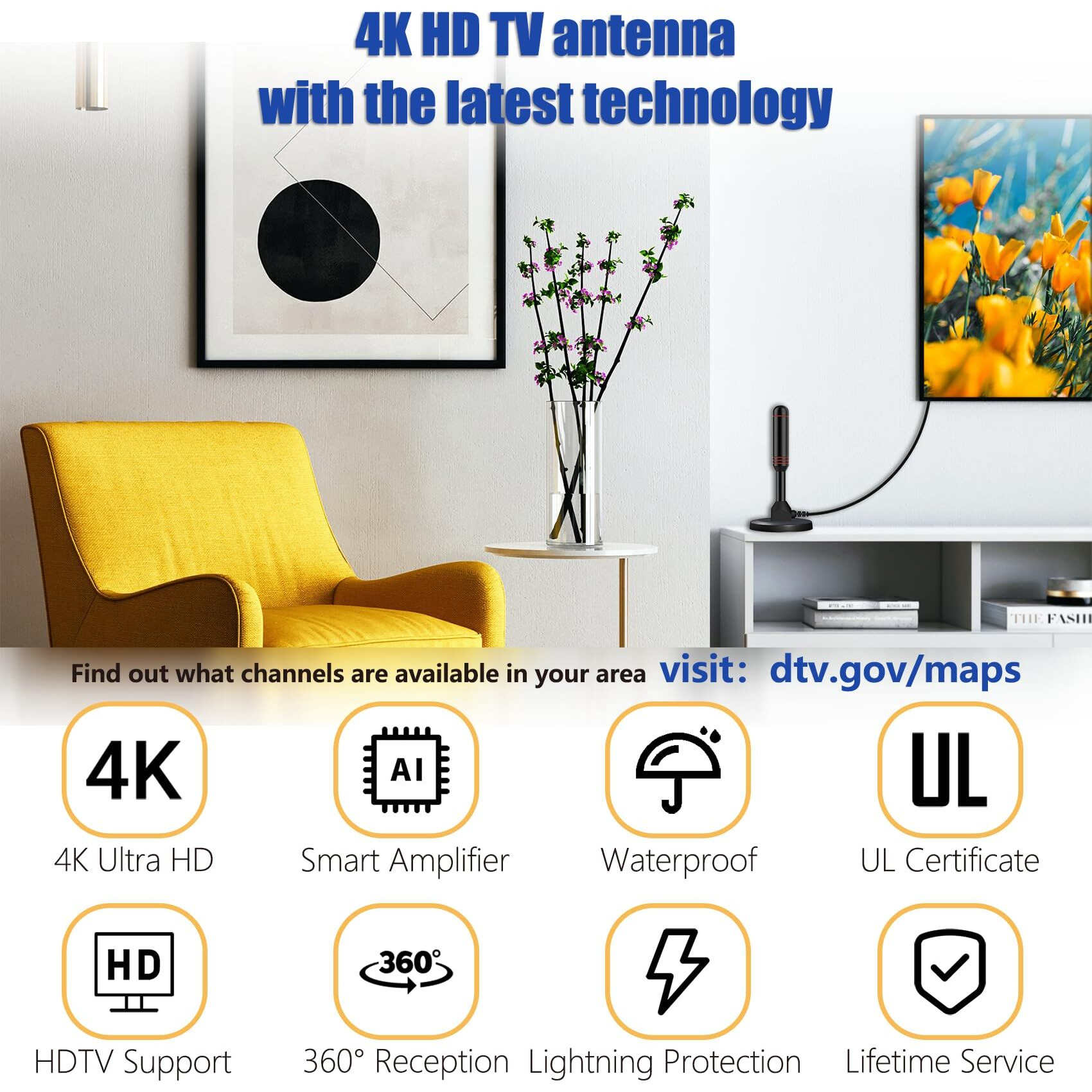 Tv Antenna With Magnetic Base - Digital Indoor 4K Hd Tv Antenna - Amplified Hdtv Antenna 360 Long Reception Range With Signal Booster - Tv Aerial Support All Types Tv