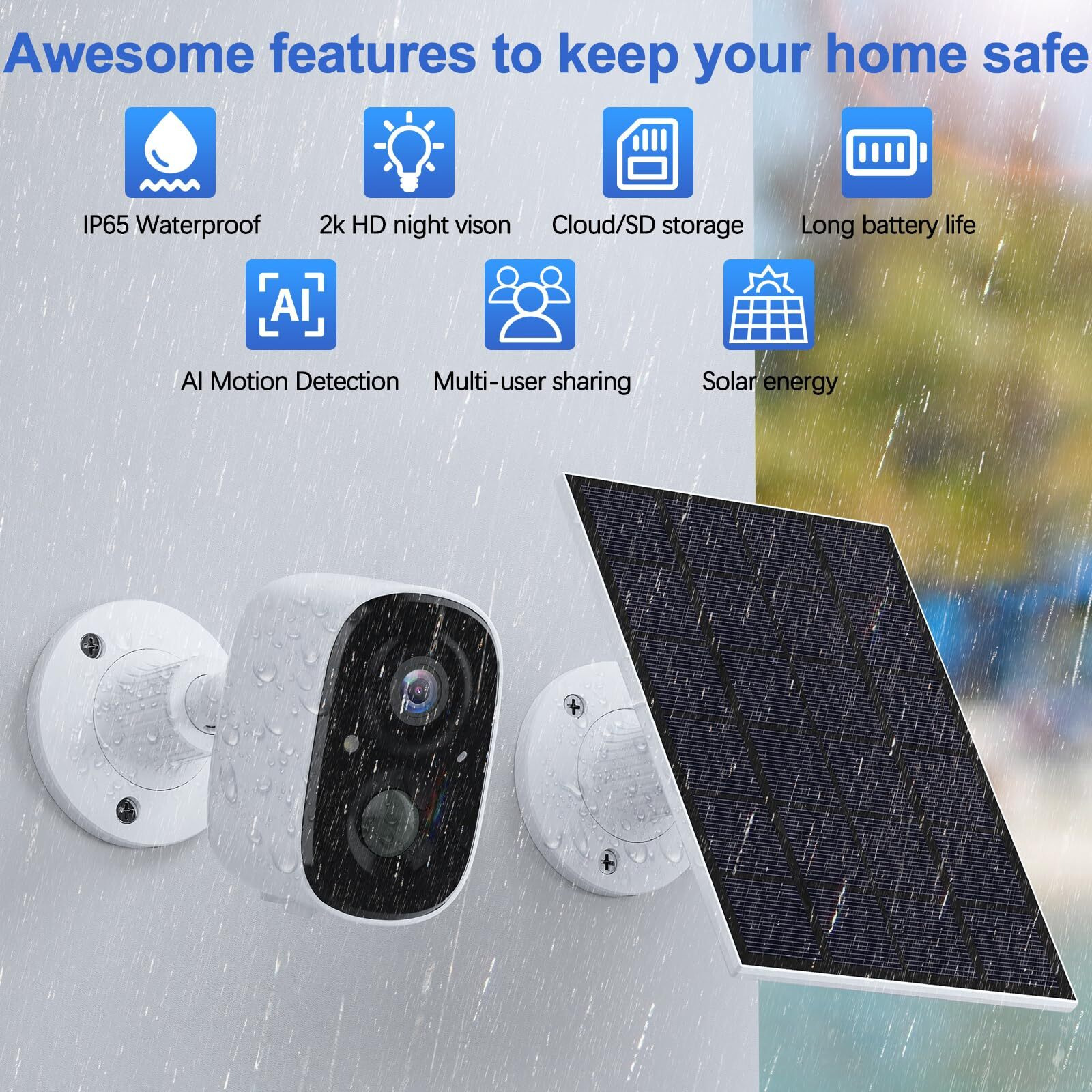 2K Solar Security Camera Outdoor Wireless 2K Hd Outdoor Security Camera For Home Battery Powered 2.4G Wifi 2K Hd Camera 2-Way Talk Color Night Vision Ip65 Waterproof, Sd Card/Cloud Storage