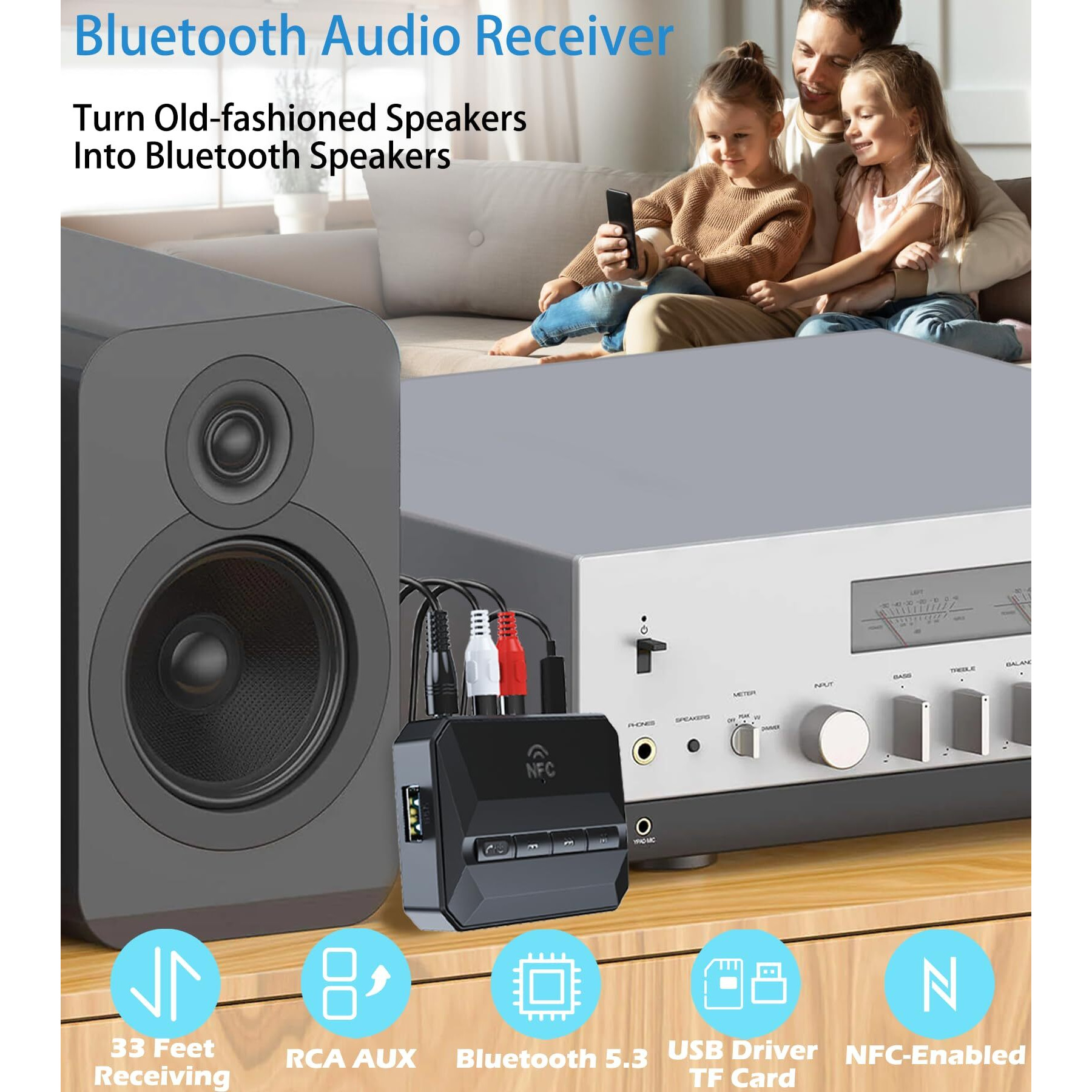 Kaiy 5.3 Bluetooth Receiver For Home Stereo, Bluetooth To Rca Adapter For Stereo Receivers Aux Bluetooth Adapter, Nfc-Enabled Bluetooth Audio Adapter, Support Usb Drive/Tf Card Play Music