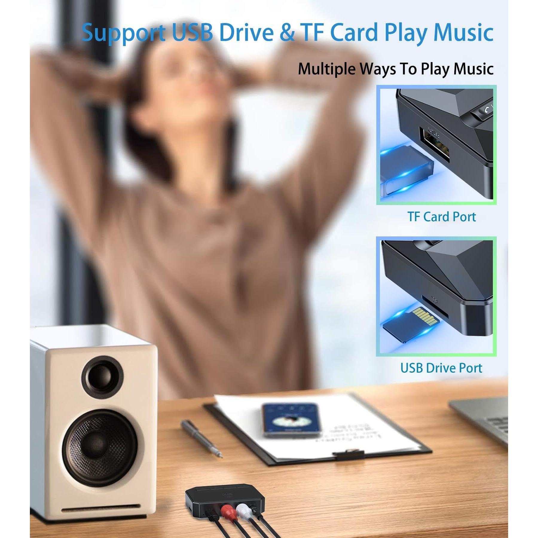 Kaiy 5.3 Bluetooth Receiver For Home Stereo, Bluetooth To Rca Adapter For Stereo Receivers Aux Bluetooth Adapter, Nfc-Enabled Bluetooth Audio Adapter, Support Usb Drive/Tf Card Play Music