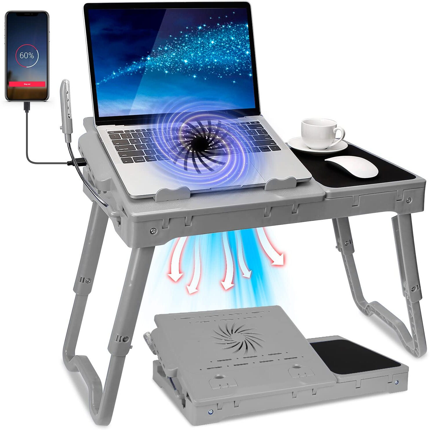 Laptop Stand With Cooling Fan And Mouse Pad,Adjustable Lap Desk For Laptop With Light,Foldable Laptop Table, Lap Stand Bed Tray Desk W/ 4 Usb Port For Bed Couch Sofa Floor (Grey)