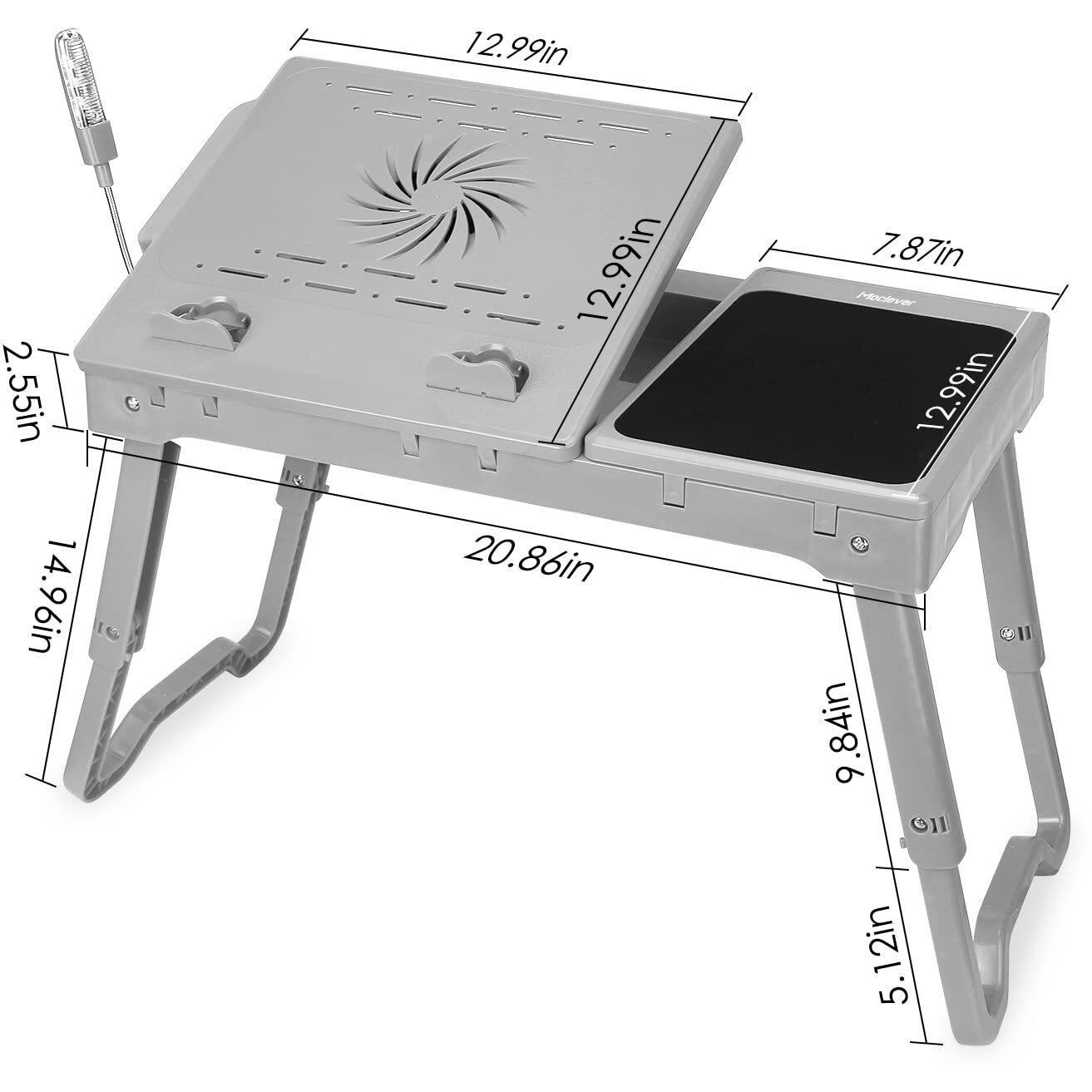 Laptop Stand With Cooling Fan And Mouse Pad,Adjustable Lap Desk For Laptop With Light,Foldable Laptop Table, Lap Stand Bed Tray Desk W/ 4 Usb Port For Bed Couch Sofa Floor (Grey)