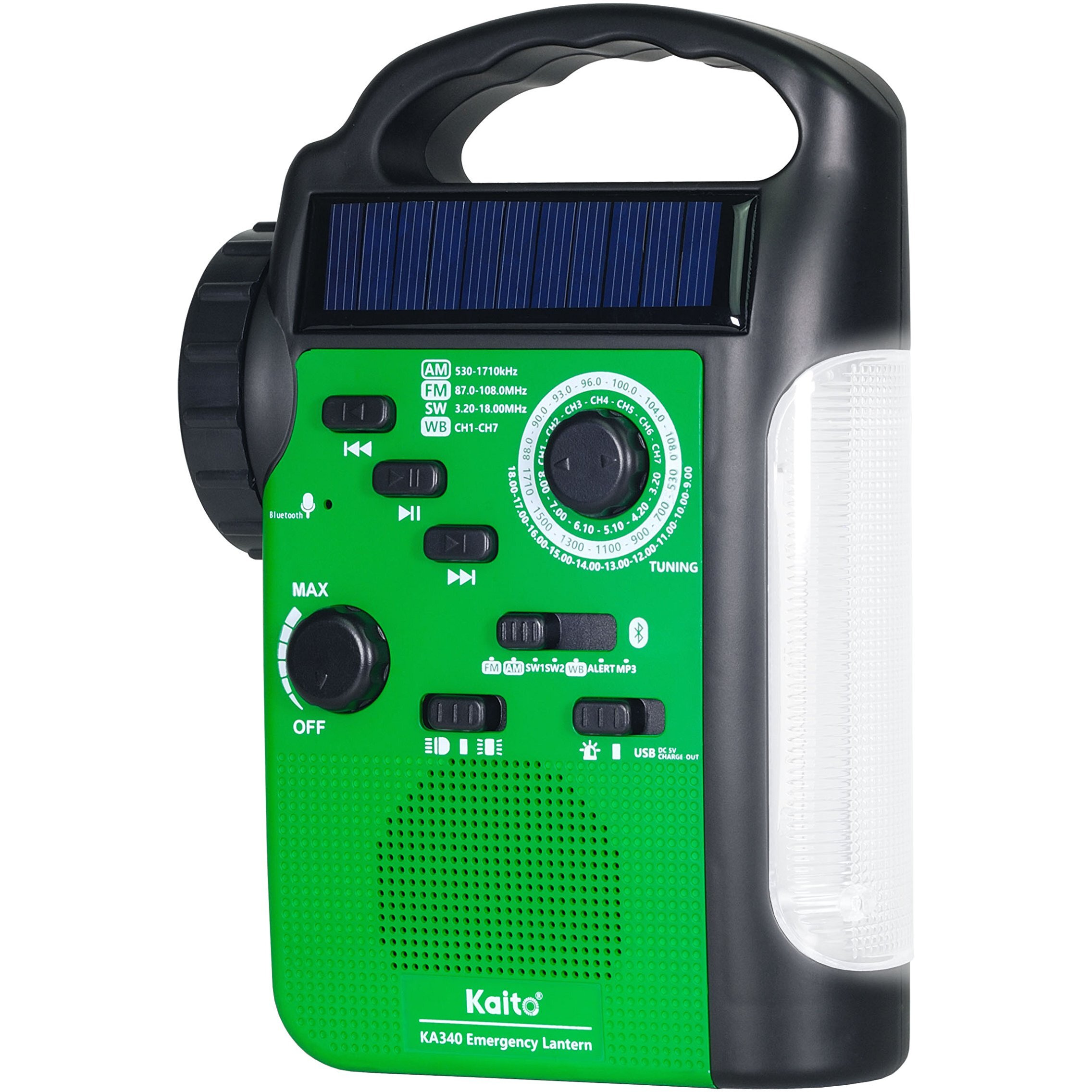Kaito Ka340 Solar Dynamo Hand Crank Rechargeable Led Camping Lantern For Emergency Am/Fm/Sw Noaa Weather Alert Solar Radio With Bluetooth, Flashlight, Phone Charger, Mp3 Player & Siren (Green)