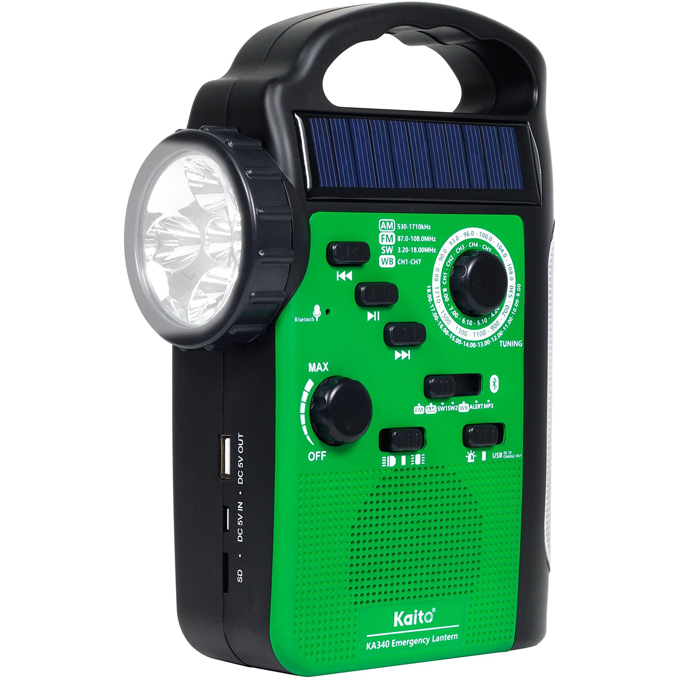Kaito Ka340 Solar Dynamo Hand Crank Rechargeable Led Camping Lantern For Emergency Am/Fm/Sw Noaa Weather Alert Solar Radio With Bluetooth, Flashlight, Phone Charger, Mp3 Player & Siren (Green)
