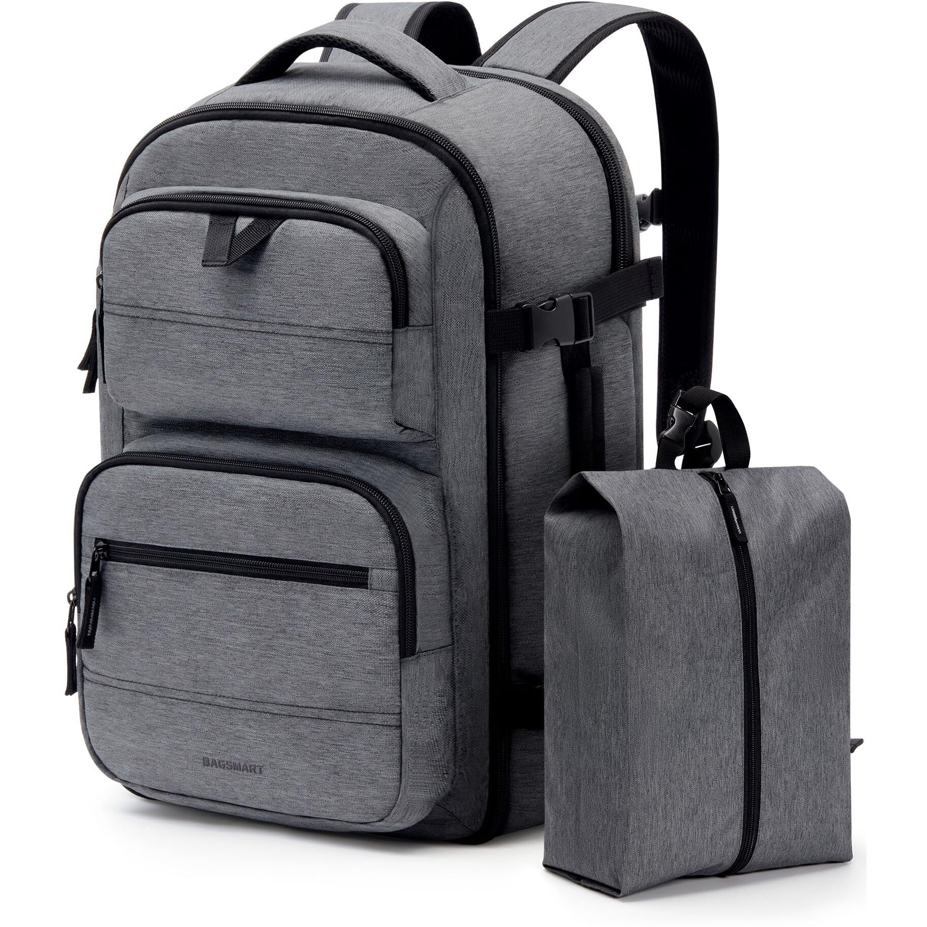 Bagsmart Travel Backpack For Women Men, 40L Flight Approved Carry On Backpack With Shoe Bag, Tsa Large Personal Item Backpack With 17 Inch Laptop Compartment, Weekender Suitcase For Travel, Grey