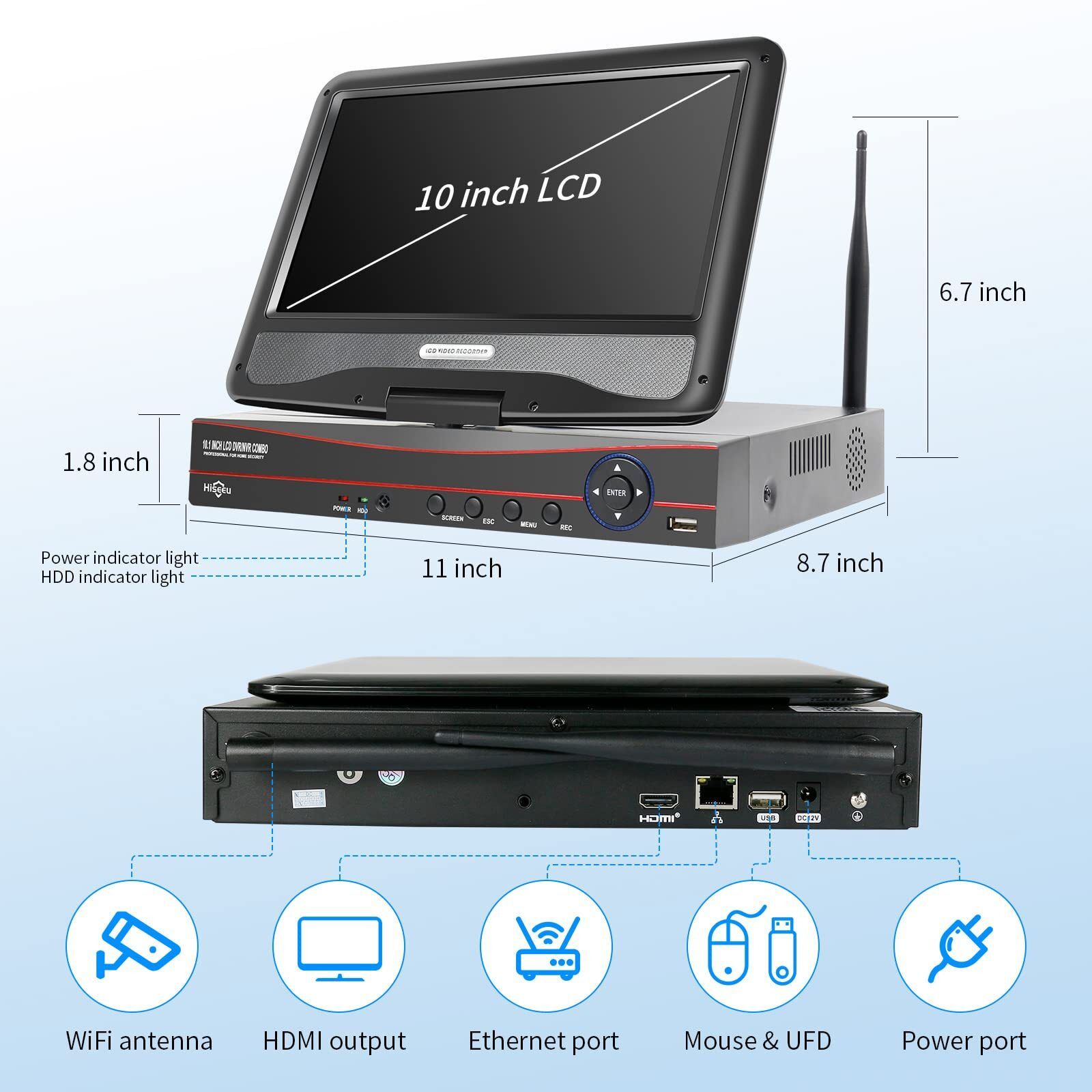 No Hdd 10'' Lcd Wireless Wifi Nvr 10 Channels Network Video Recorder, Motion Detection Zones, 24/7 Record, Work With Hiseeu Eseecloud 1080P/3Mp/5Mp Wireless Camera