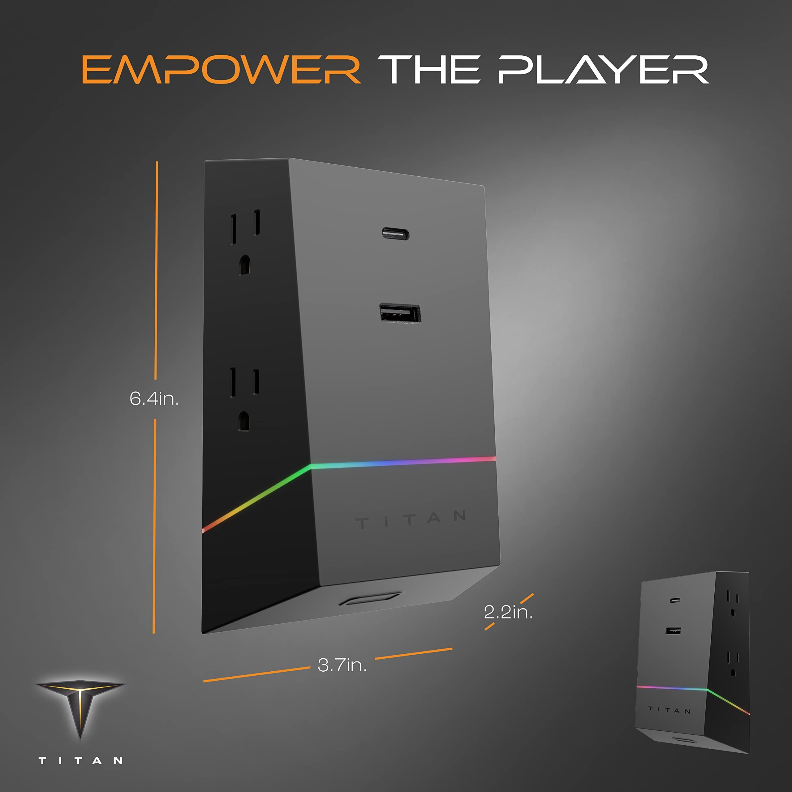 Titan 4-Outlet Surge Protector, Led Full Spectrum Color-Select, Outlet Extender, Usb-A/Usb-C, Compatible With Power Gaming Pc, Laptop, Computer Setup, Ps4, Ps5, Xbox, Black, 50268