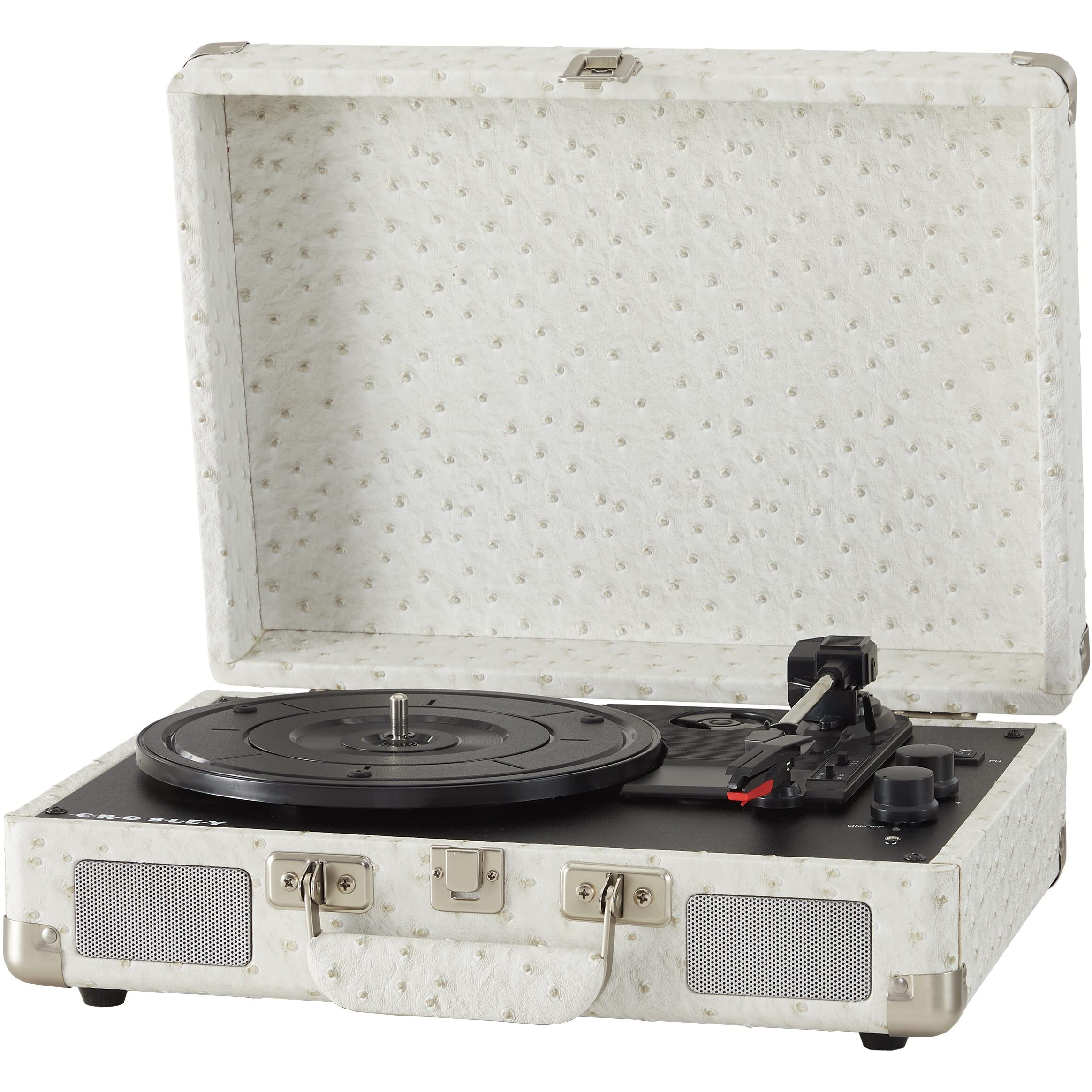 Crosley Cr8005F-Wo Cruiser Plus Vintage 3-Speed Bluetooth In/Out Suitcase Vinyl Record Player Turntable, White Ostrich