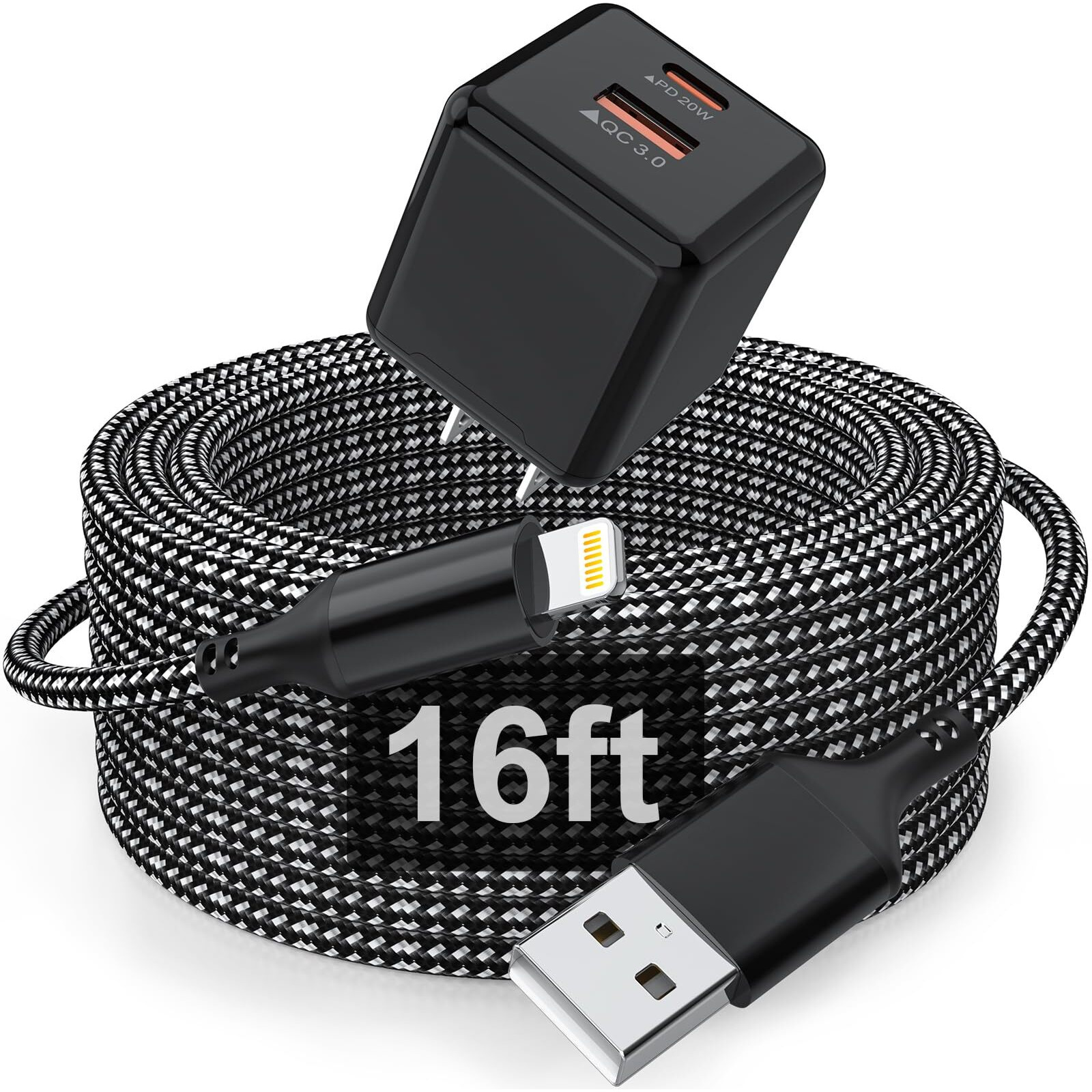 16 Ft Extra Long Iphone Charger Cord, [Apple Mfi Certified] With Dual Port 20W Pd + Qc 3.0 Wall Charger Plug, Nylon Braided Fast Charging Lightning Cable For Iphone 14/13/12/11, Ipad - Black