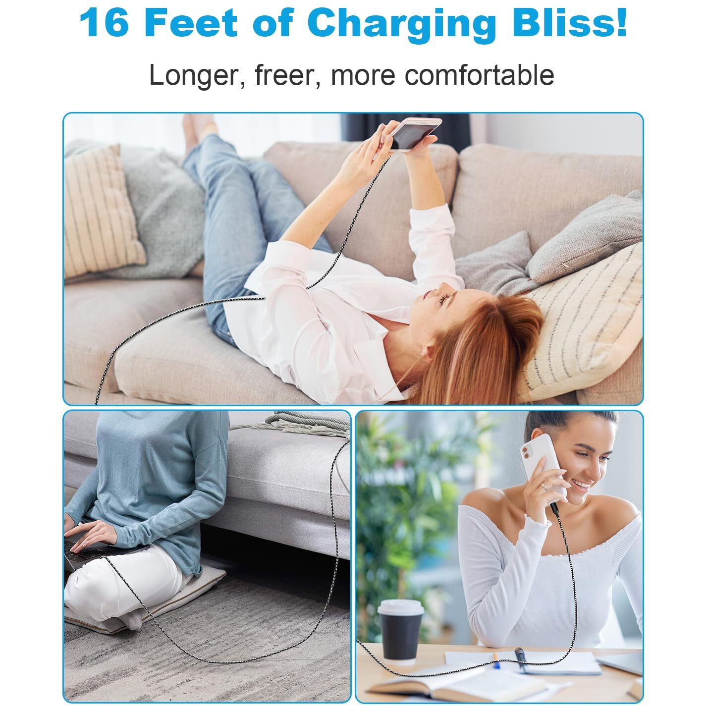 16 Ft Extra Long Iphone Charger Cord, [Apple Mfi Certified] With Dual Port 20W Pd + Qc 3.0 Wall Charger Plug, Nylon Braided Fast Charging Lightning Cable For Iphone 14/13/12/11, Ipad - Black