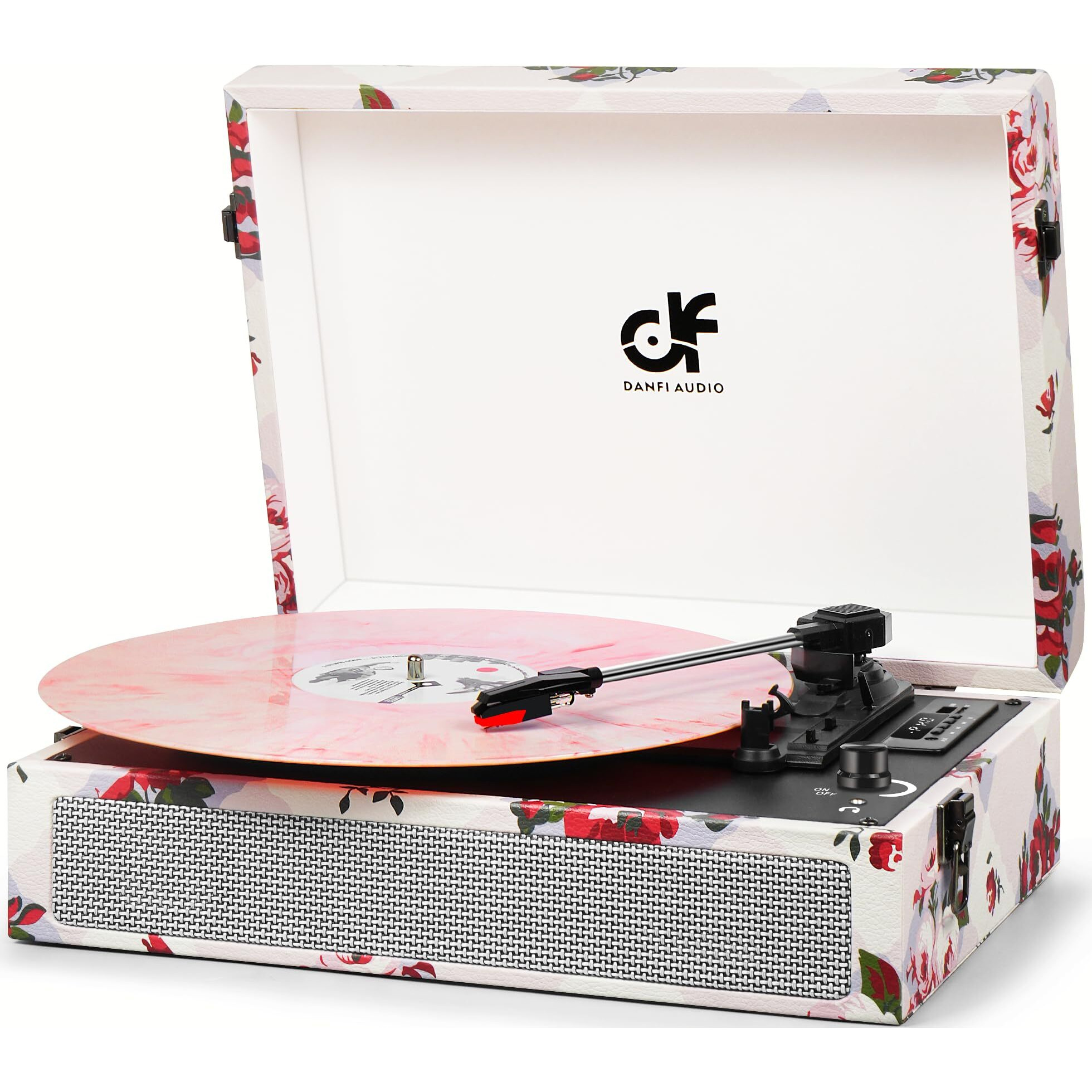 Bluetooth Record Player With Speakers, 3-Speed Turntable - Portable Vinyl Player W/ Mp3 Usb Recording, Digital Display, Retro Design, Headphone/Aux/Rca, Rose Floral Gift For Women Girls