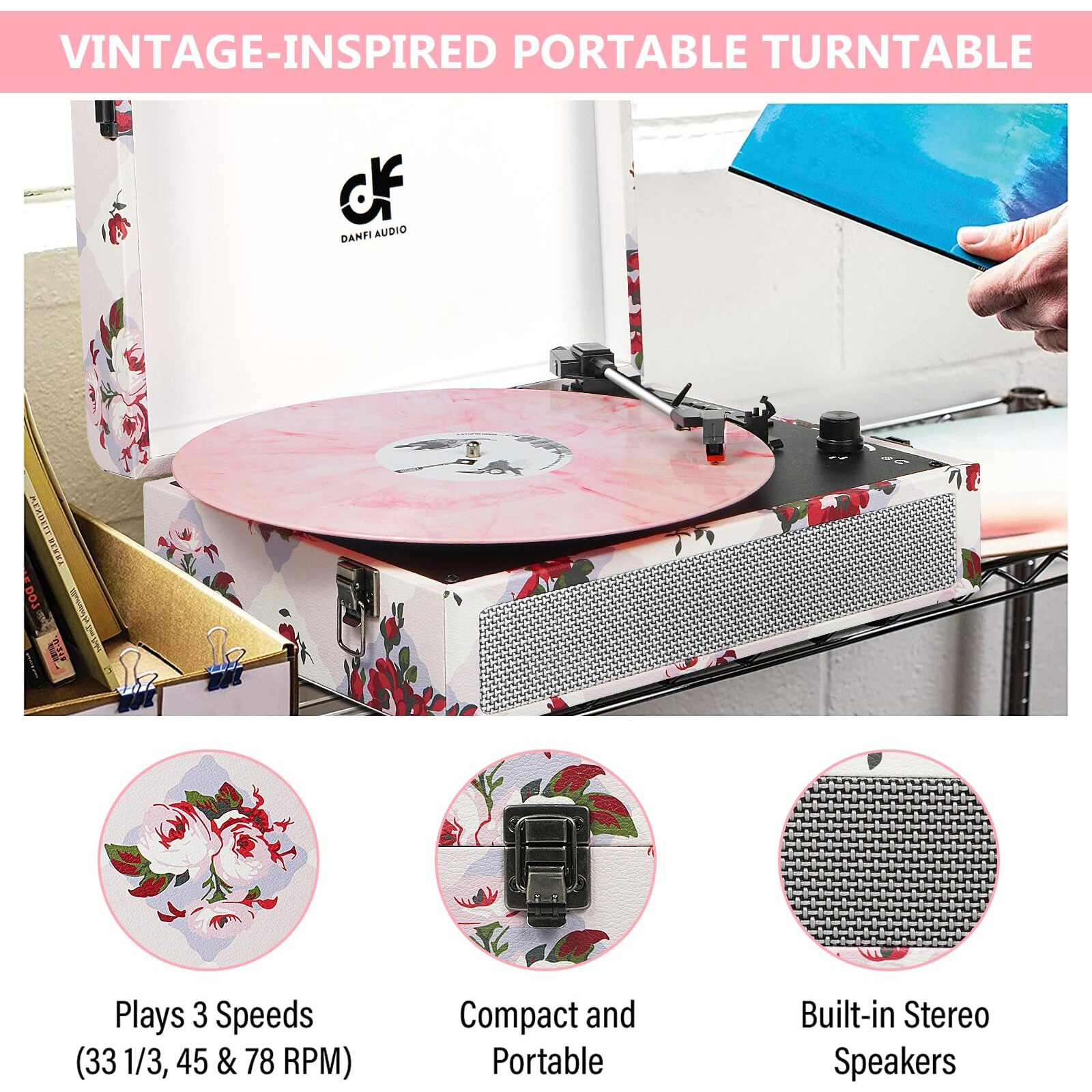 Bluetooth Record Player With Speakers, 3-Speed Turntable - Portable Vinyl Player W/ Mp3 Usb Recording, Digital Display, Retro Design, Headphone/Aux/Rca, Rose Floral Gift For Women Girls