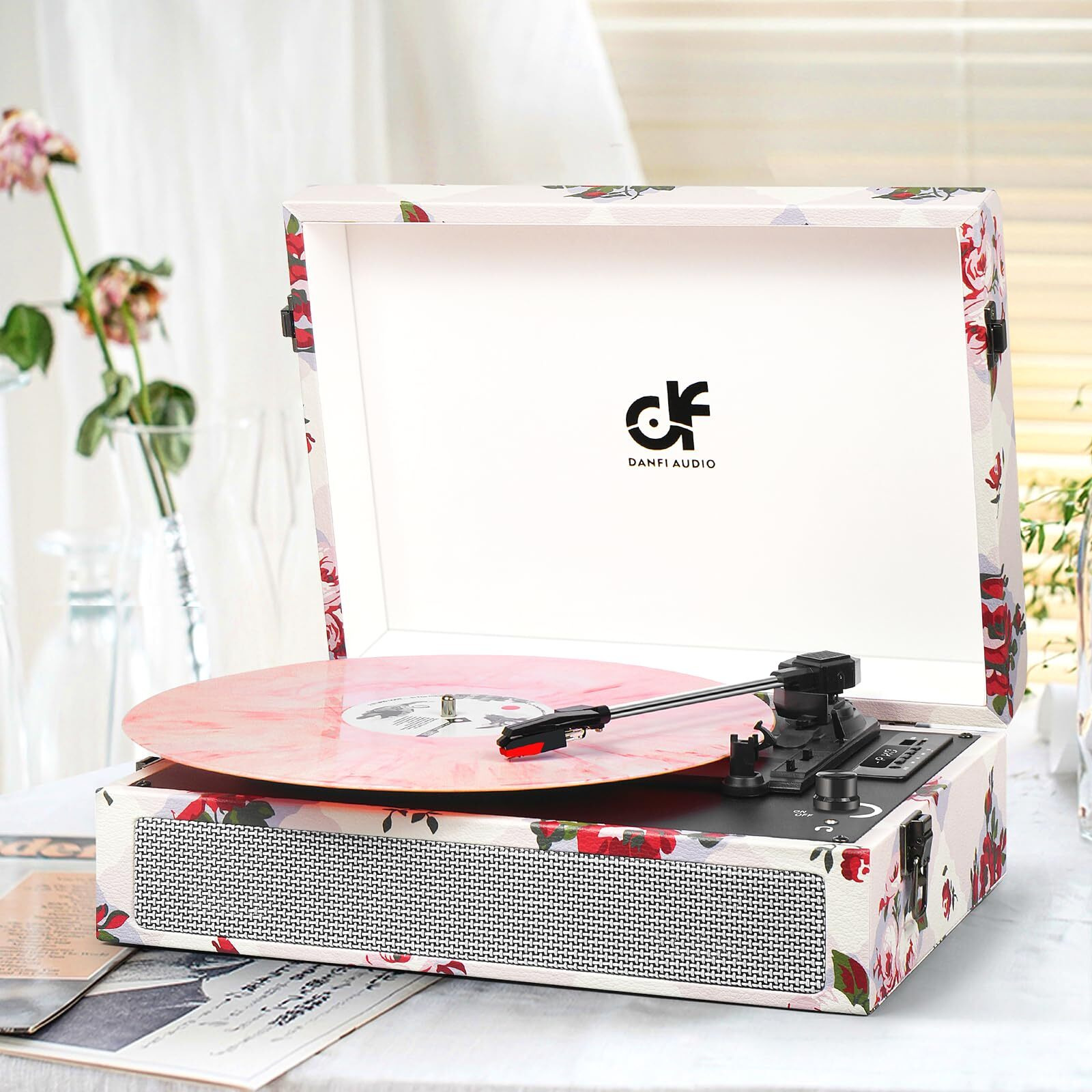 Bluetooth Record Player With Speakers, 3-Speed Turntable - Portable Vinyl Player W/ Mp3 Usb Recording, Digital Display, Retro Design, Headphone/Aux/Rca, Rose Floral Gift For Women Girls