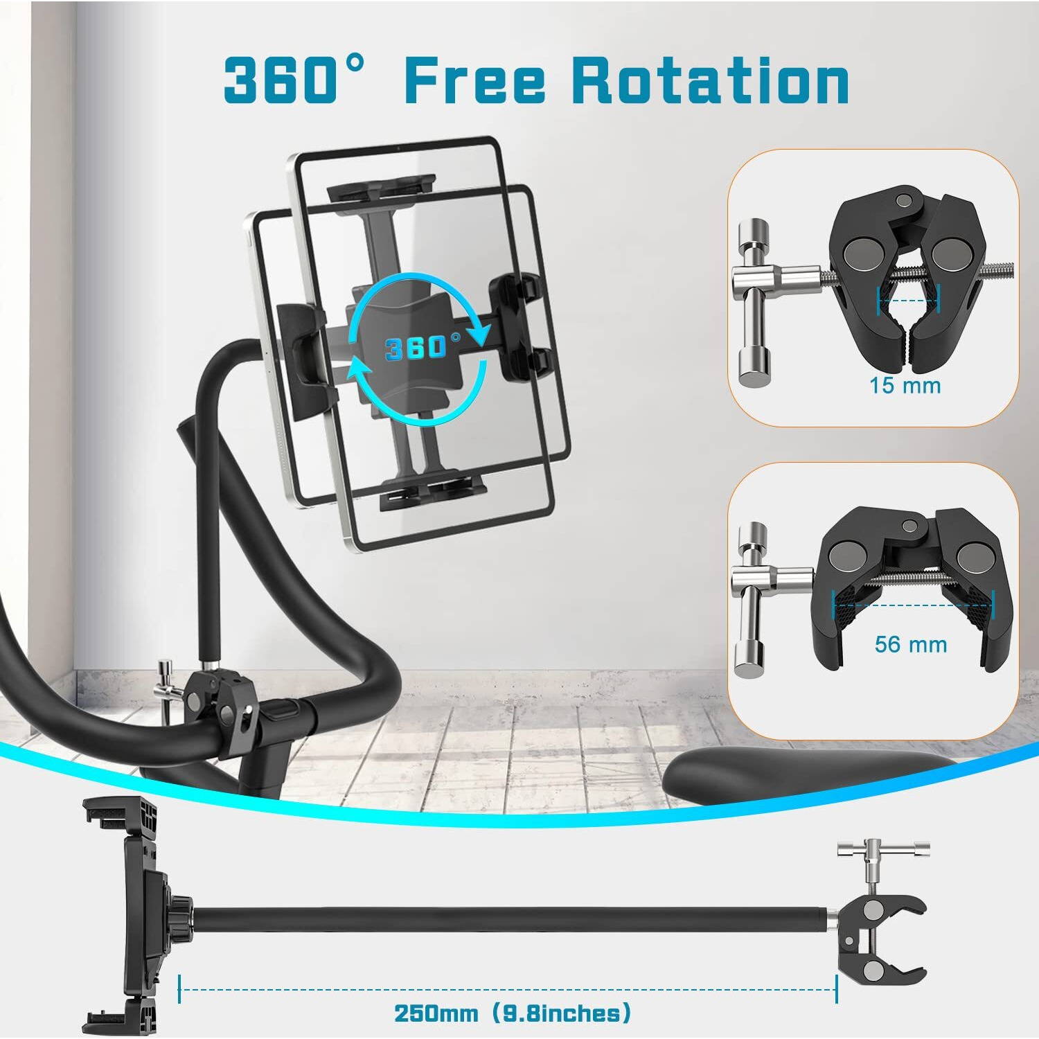 Exercise Bike Tablet Holder, Treadmill Spin Bike Gooseneck Adjustable Arm Mount, Microphone Stand Tablet Holder Stationary Handlebar Tablet Holder Compatible With Ipad 4.7-12.9"" Tablets Smartphones