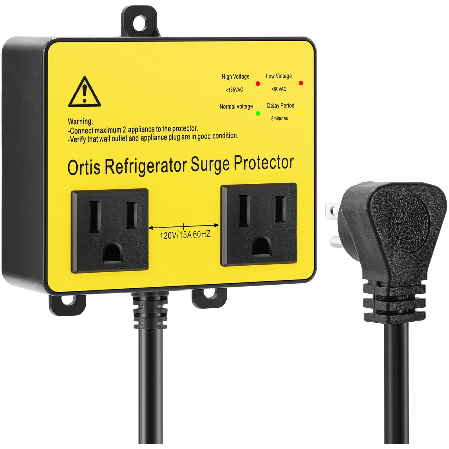 Refrigerator Surge Protector, Ortis Double Outlet Voltage Protector For Home Appliances With Time Delay, Protects Against Brownout, Spike, Instant Surge All Voltage Abnormalities, Yellow