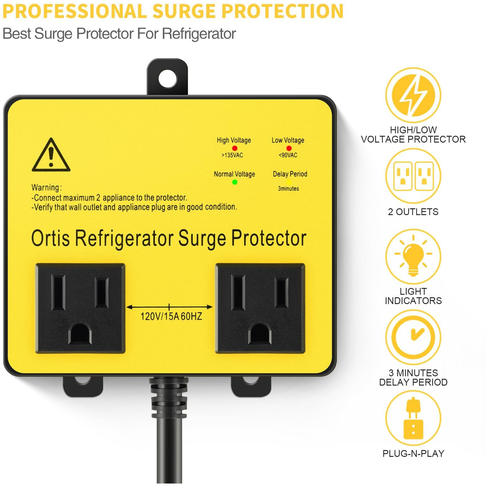 Refrigerator Surge Protector, Ortis Double Outlet Voltage Protector For Home Appliances With Time Delay, Protects Against Brownout, Spike, Instant Surge All Voltage Abnormalities, Yellow