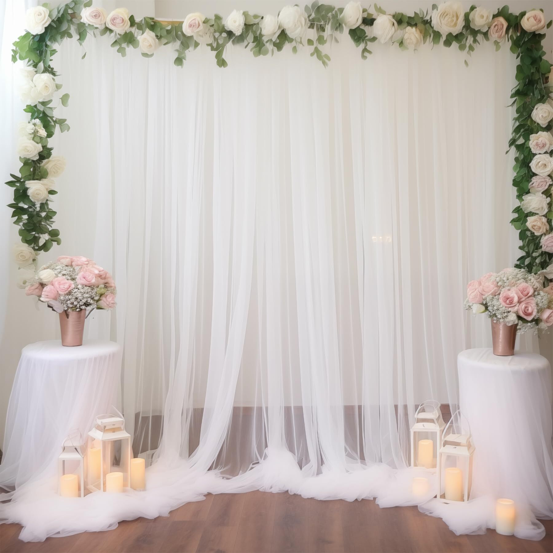 Wish Care 10X10 White Tulle Backdrop Curtains For Parties, Sheer Backdrop Curtain Wedding Photo Backdrop Drapes For Baby Shower Photography Birthday Party