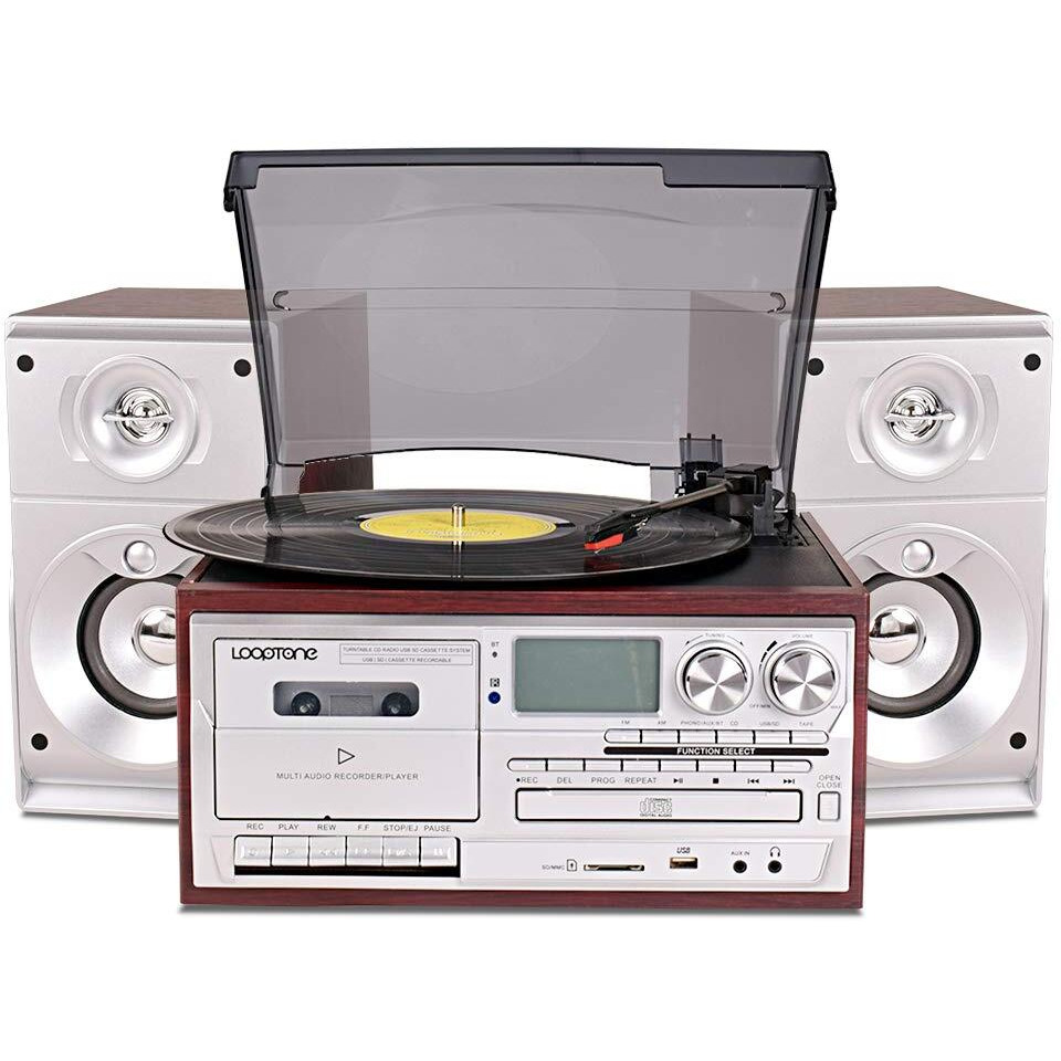 Looptone Vinyl Record Player With Dual 15W External Speakers 9 In 1 3 Speed Bluetooth Vintage Turntable Cd Cassette Player Am/Fm Radio Usb Recorder Aux-In Rca Line-Out