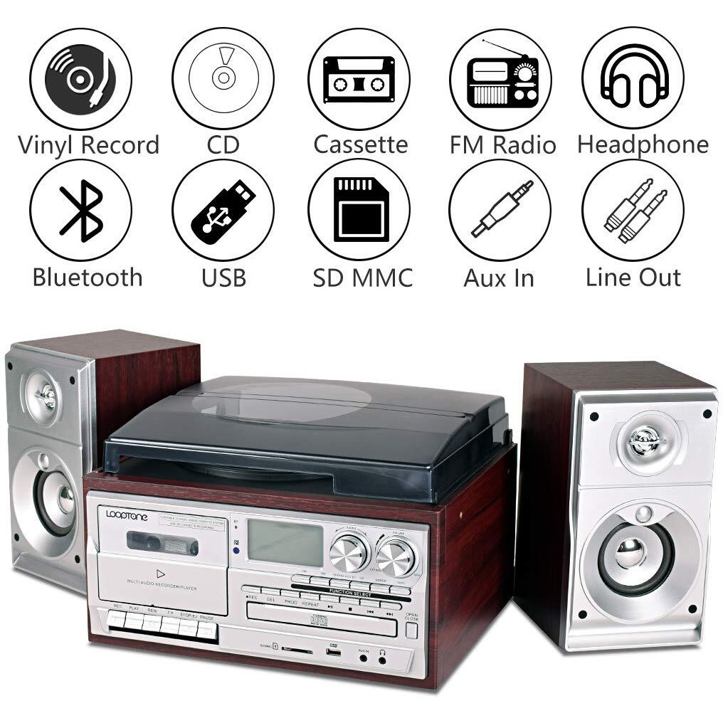 Looptone Vinyl Record Player With Dual 15W External Speakers 9 In 1 3 Speed Bluetooth Vintage Turntable Cd Cassette Player Am/Fm Radio Usb Recorder Aux-In Rca Line-Out