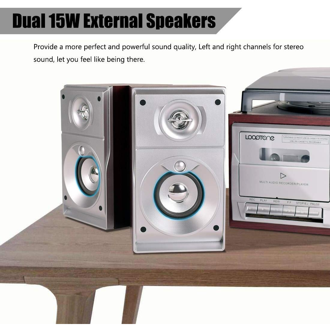 Looptone Vinyl Record Player With Dual 15W External Speakers 9 In 1 3 Speed Bluetooth Vintage Turntable Cd Cassette Player Am/Fm Radio Usb Recorder Aux-In Rca Line-Out