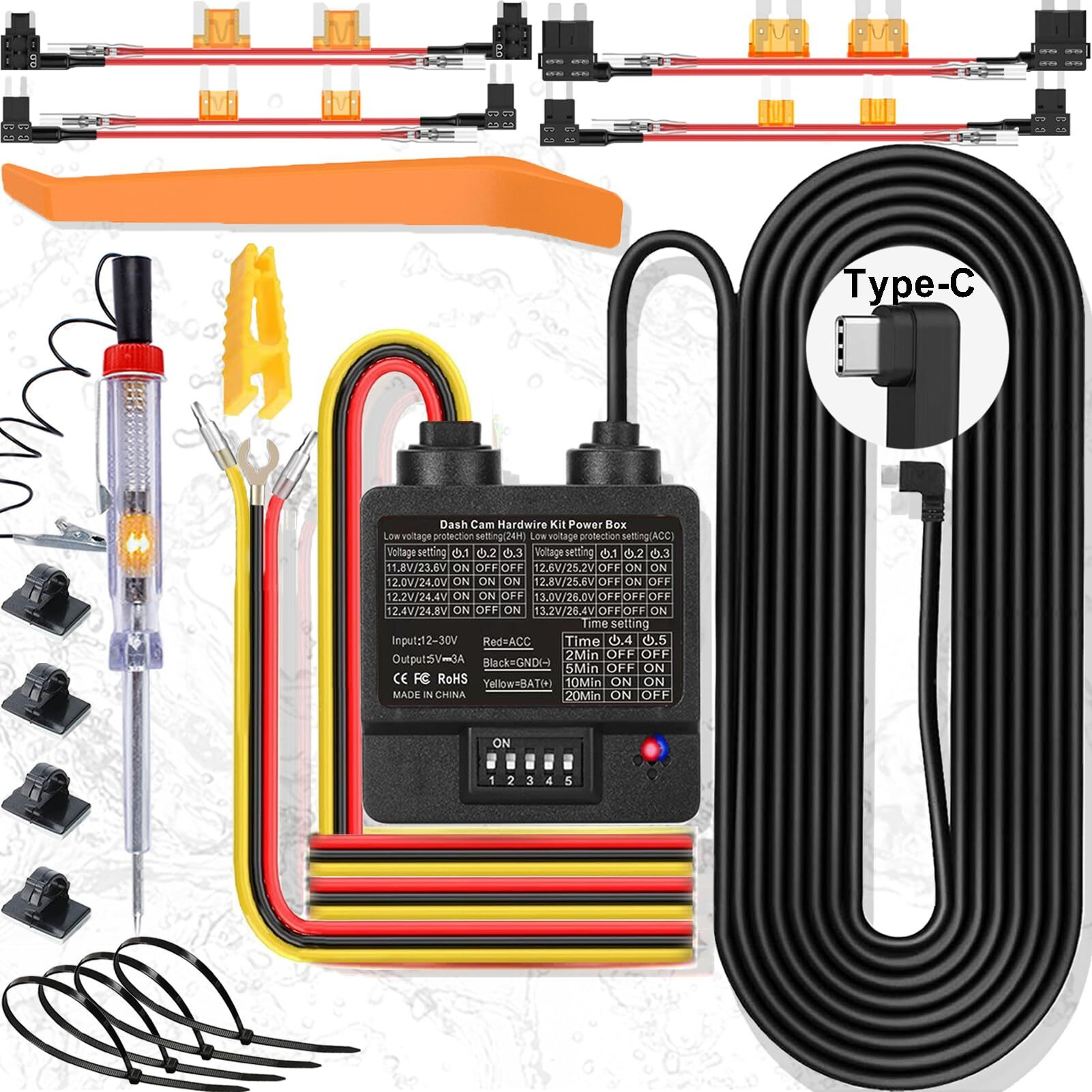 Dash Cam Hardwire Kit, Usb C 3-Wire Dashcam Hardwire Kit 24H Parking Mode Dash Camera Charger Power Cord 11.5Ft 12-24V To 5V/1-3A Low Voltage Protection With Fuse Tap For Dashcam, Gps, Radar (Type C)