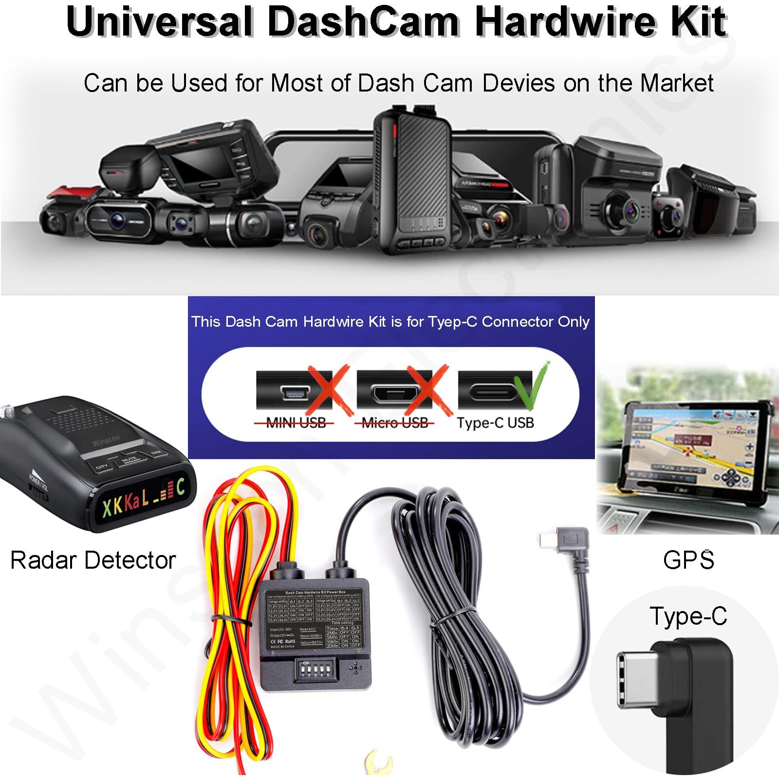 Dash Cam Hardwire Kit, Usb C 3-Wire Dashcam Hardwire Kit 24H Parking Mode Dash Camera Charger Power Cord 11.5Ft 12-24V To 5V/1-3A Low Voltage Protection With Fuse Tap For Dashcam, Gps, Radar (Type C)