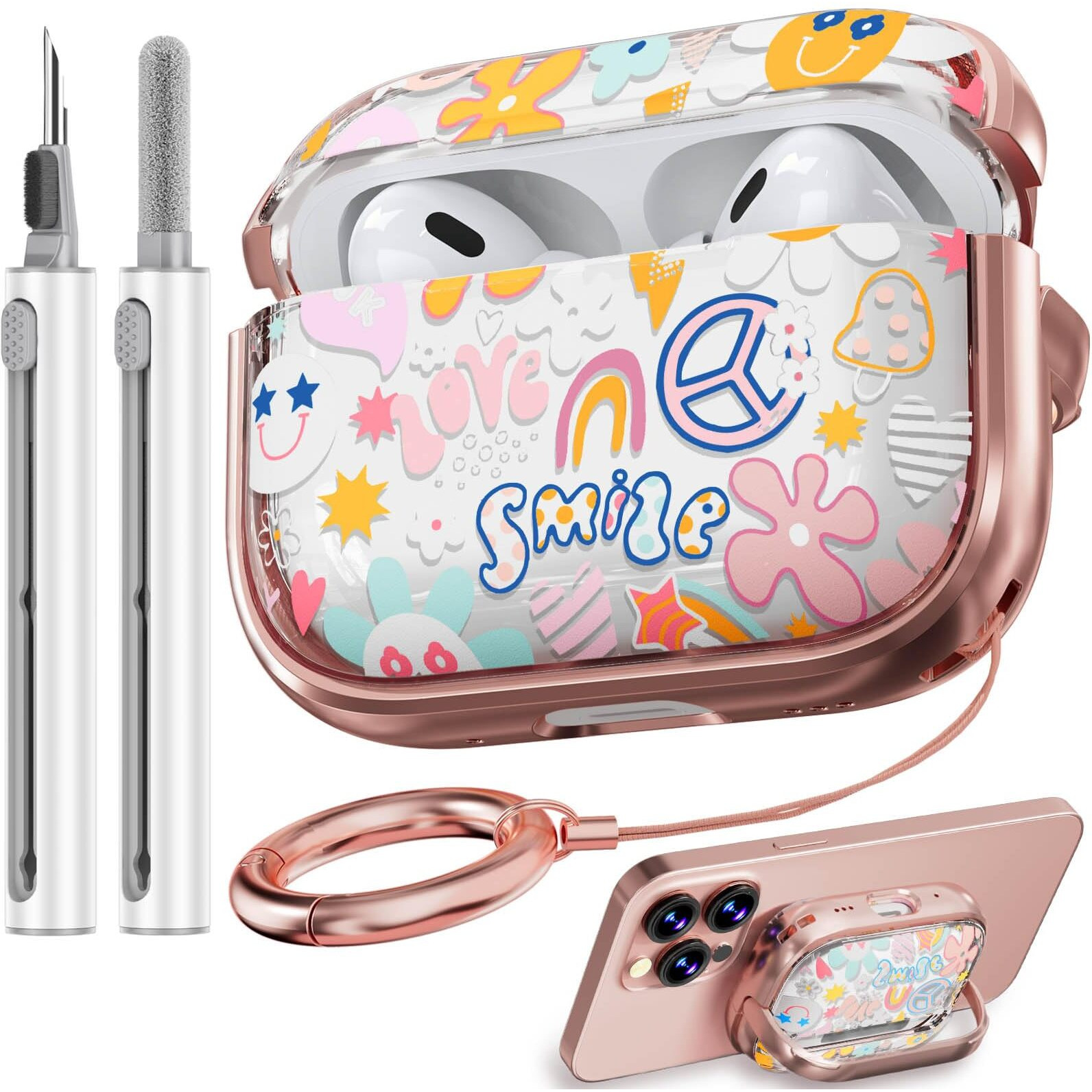 With Safety Lock Airpods Pro 2Nd/1St Generation Case Cover, Flowers Cute Airpods Pro 2 Case Ipod Pro Case For Women Girls With Cleaner Kit For Airpod Pro Case (2023 Usb-C /2022/2019) -Smiley Doodle