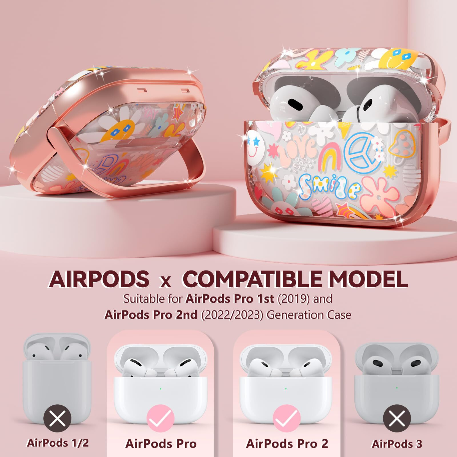 With Safety Lock Airpods Pro 2Nd/1St Generation Case Cover, Flowers Cute Airpods Pro 2 Case Ipod Pro Case For Women Girls With Cleaner Kit For Airpod Pro Case (2023 Usb-C /2022/2019) -Smiley Doodle