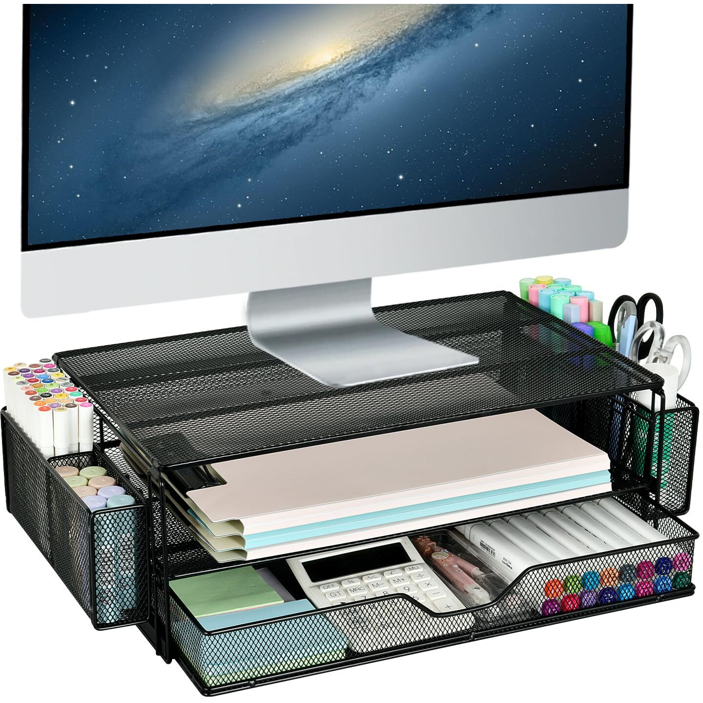 Aupsen 2 Tier Computer Monitor Stands With Drawer And 2 Pencil Holder, Metal Monitor Stand Monitor Riser, Computer Desk Organizer And Accessories For Laptop, Computer, Printer, Office Supplies(Black)